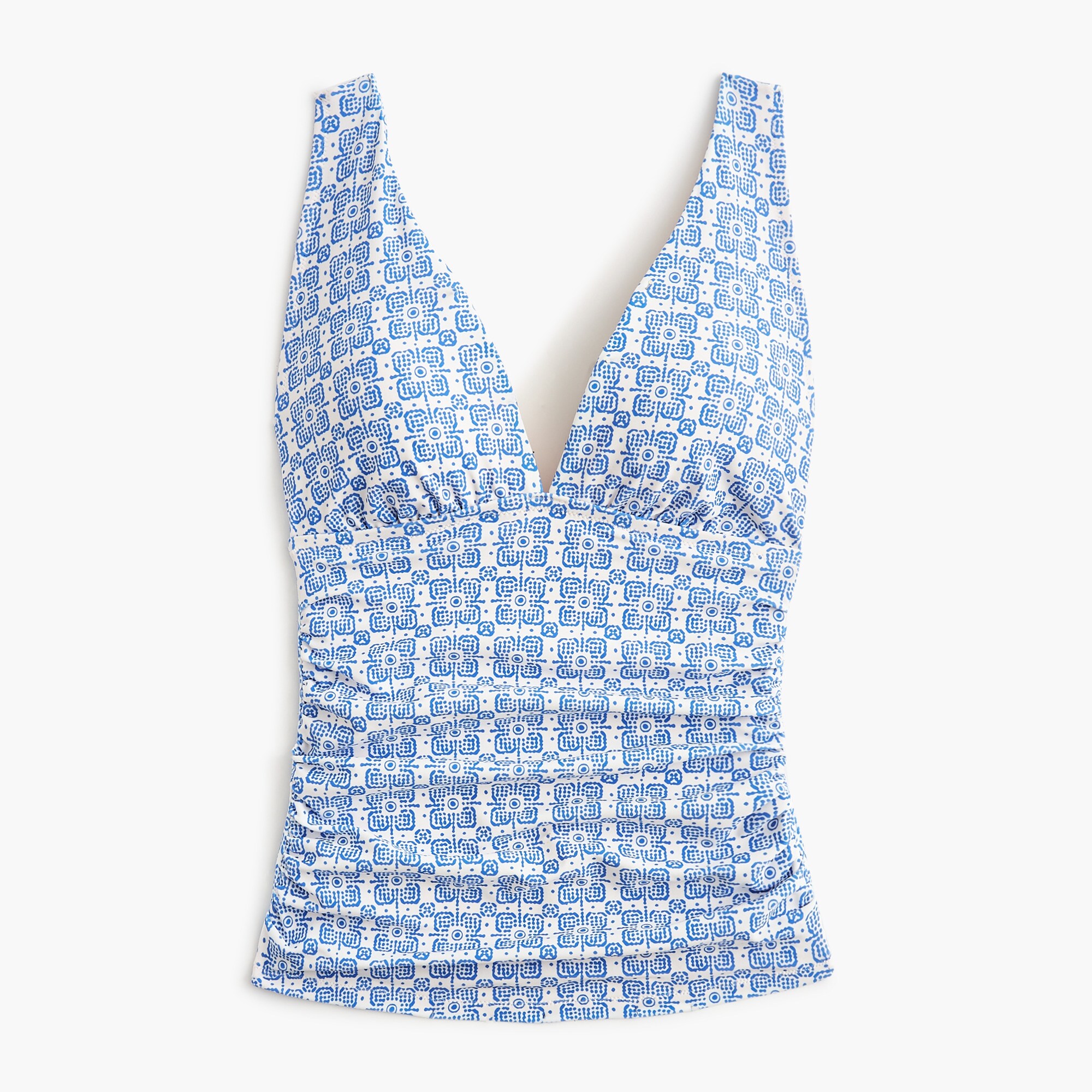 Ruched plunge floral-print tankini top