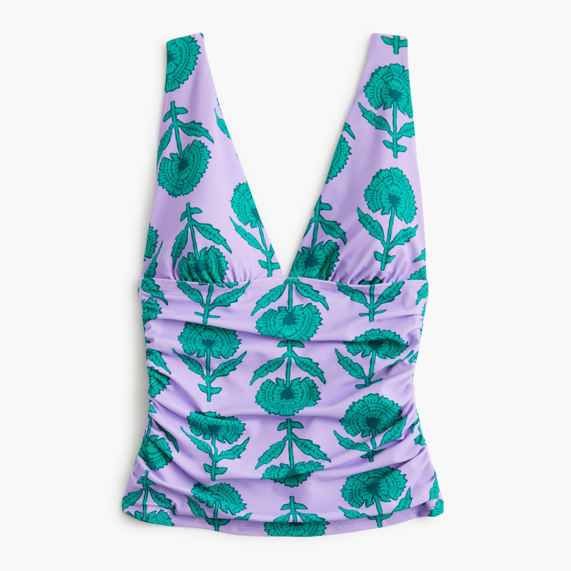 Ruched plunge floral-print tankini top