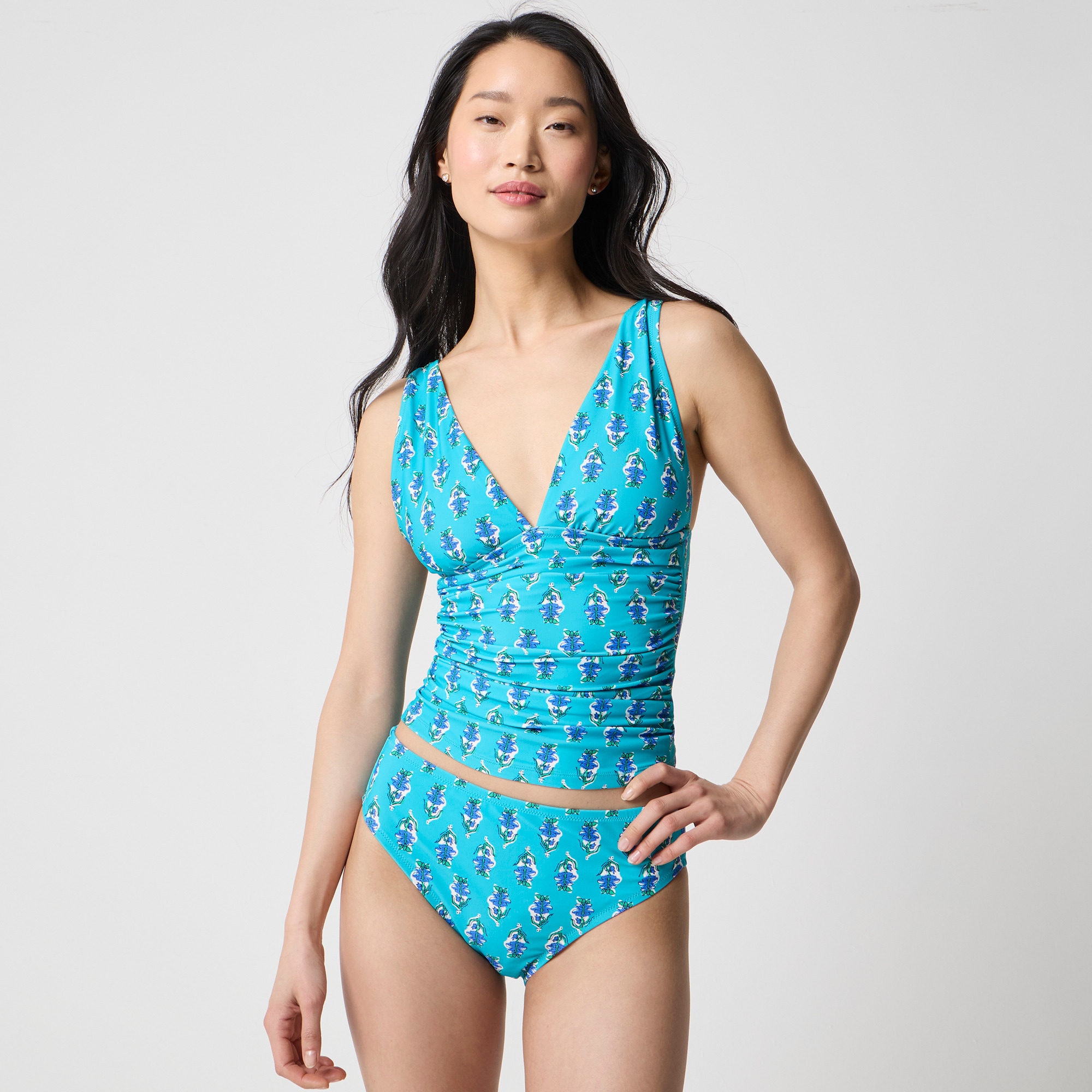 Ruched plunge floral-print tankini top