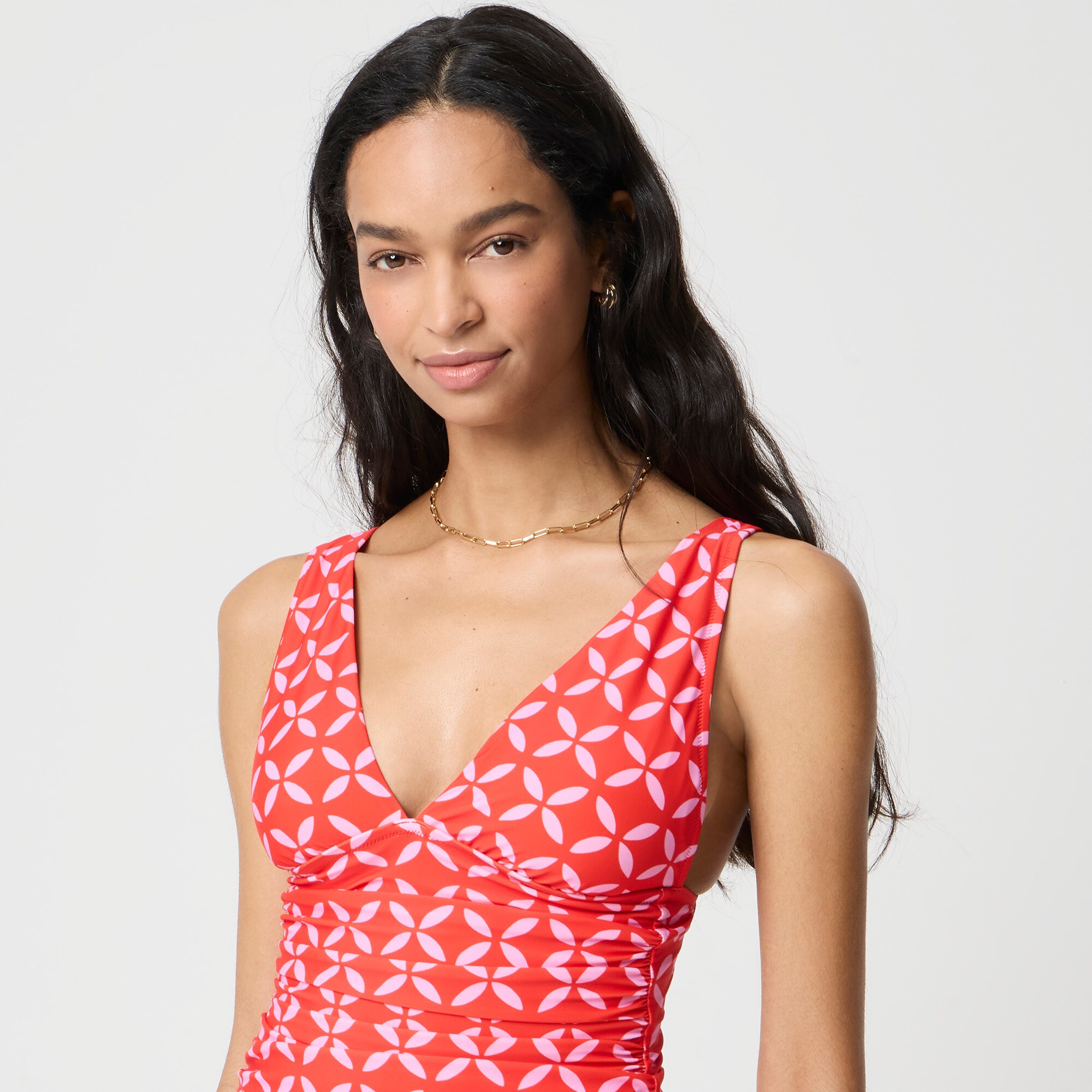Ruched plunge floral-print tankini top