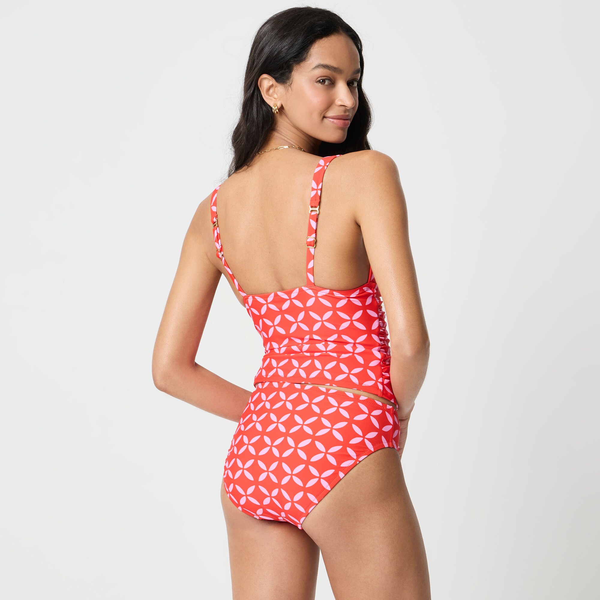 Ruched plunge floral-print tankini top