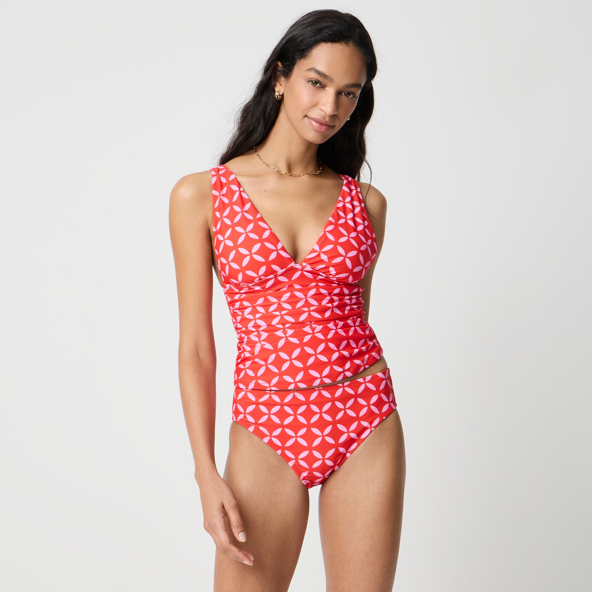 Ruched plunge floral-print tankini top