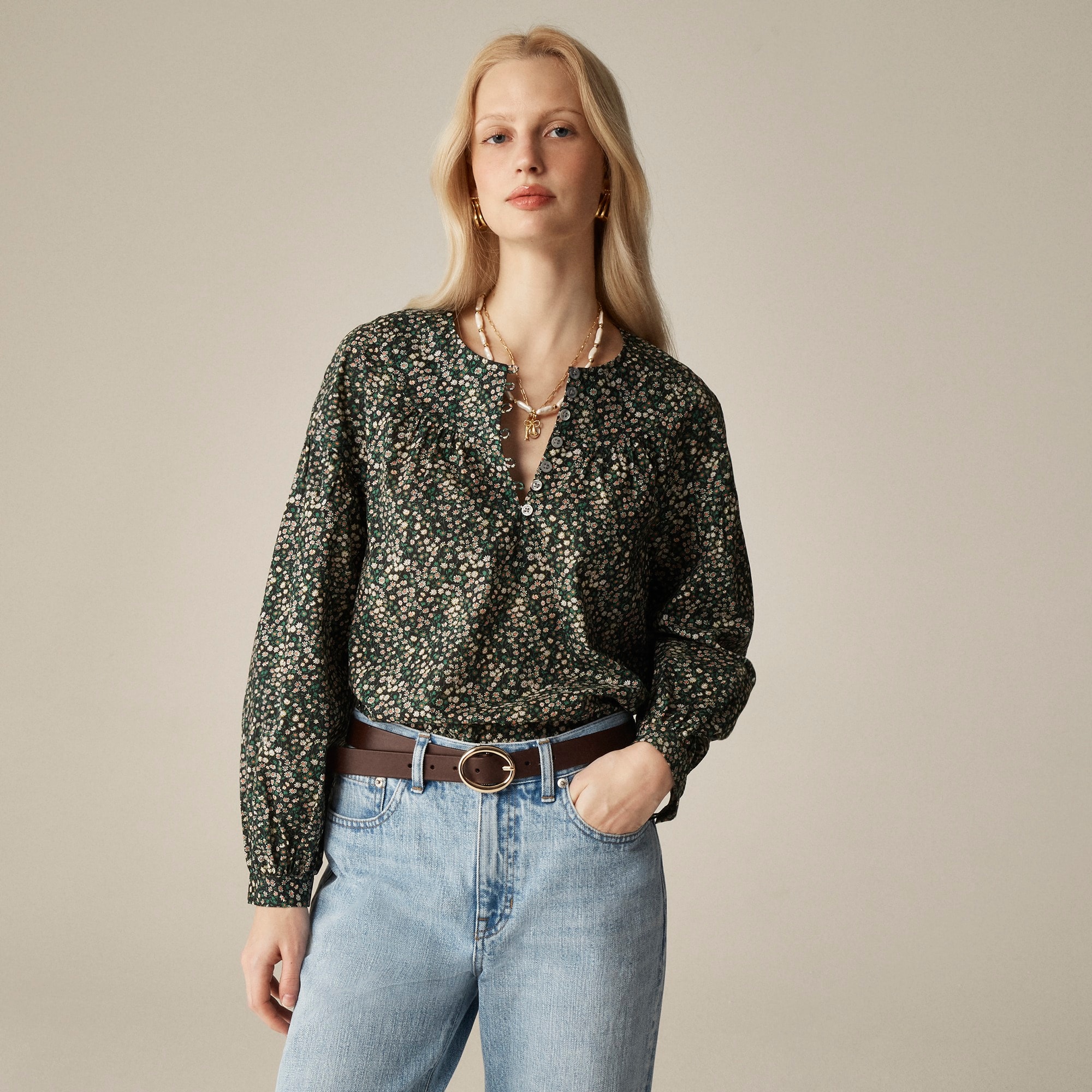 womens Shirred popover top in Liberty&reg; Marguerite fabric