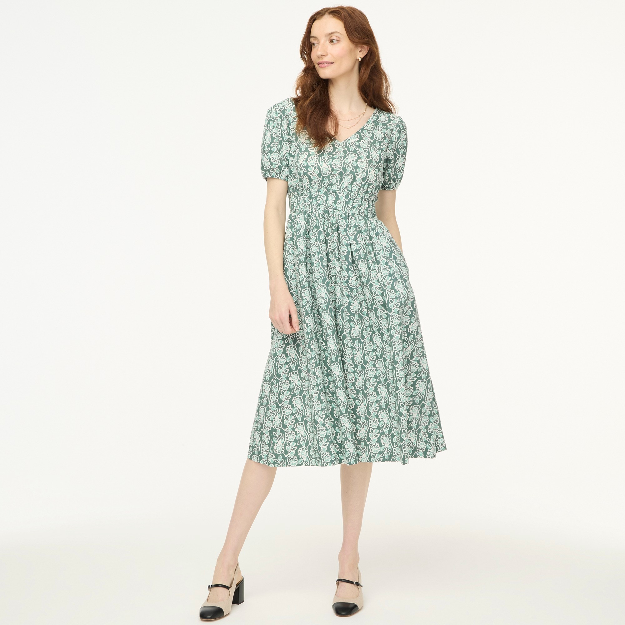Smocked-waist poplin midi dress