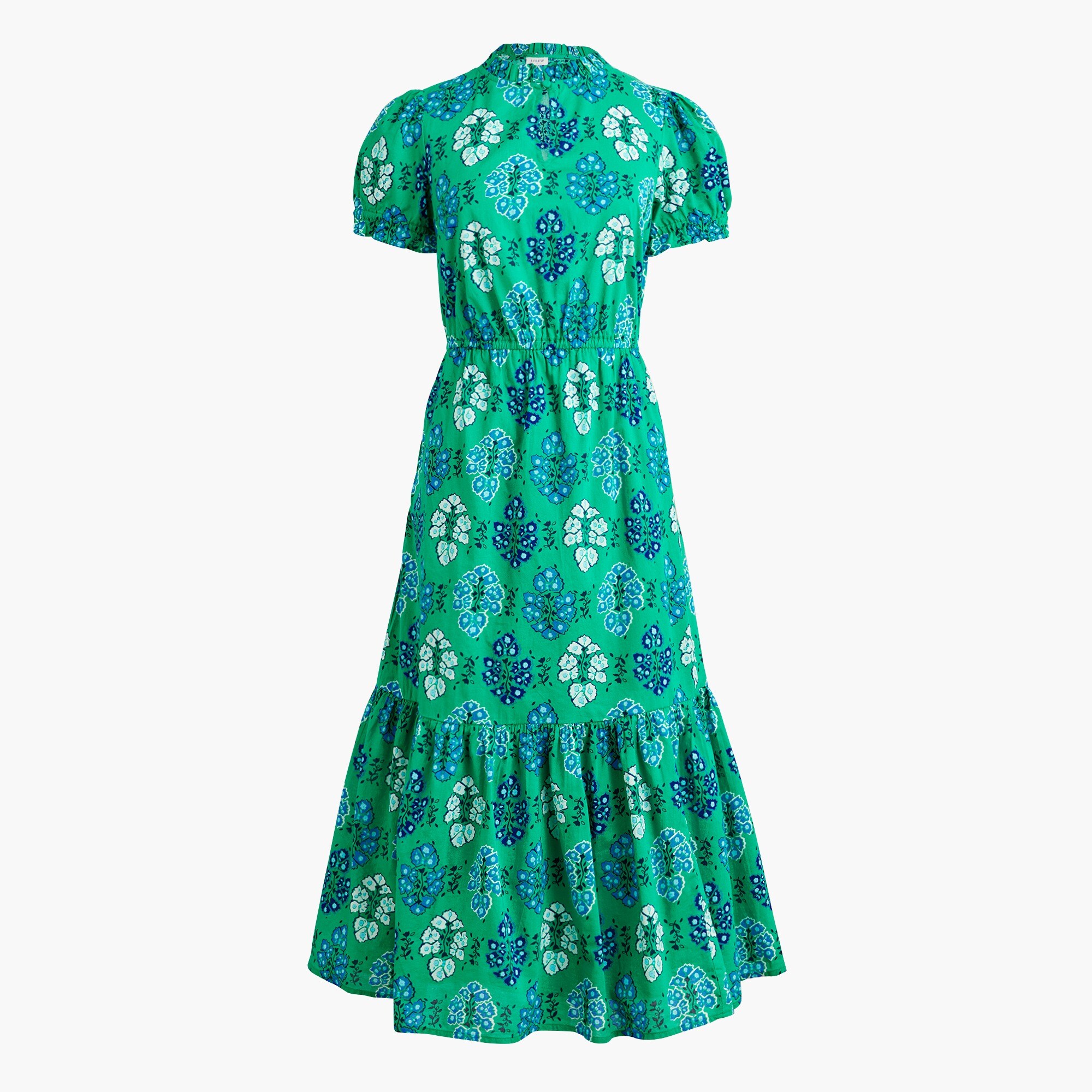 printed ruffleneck puff-sleeve midi dress for women