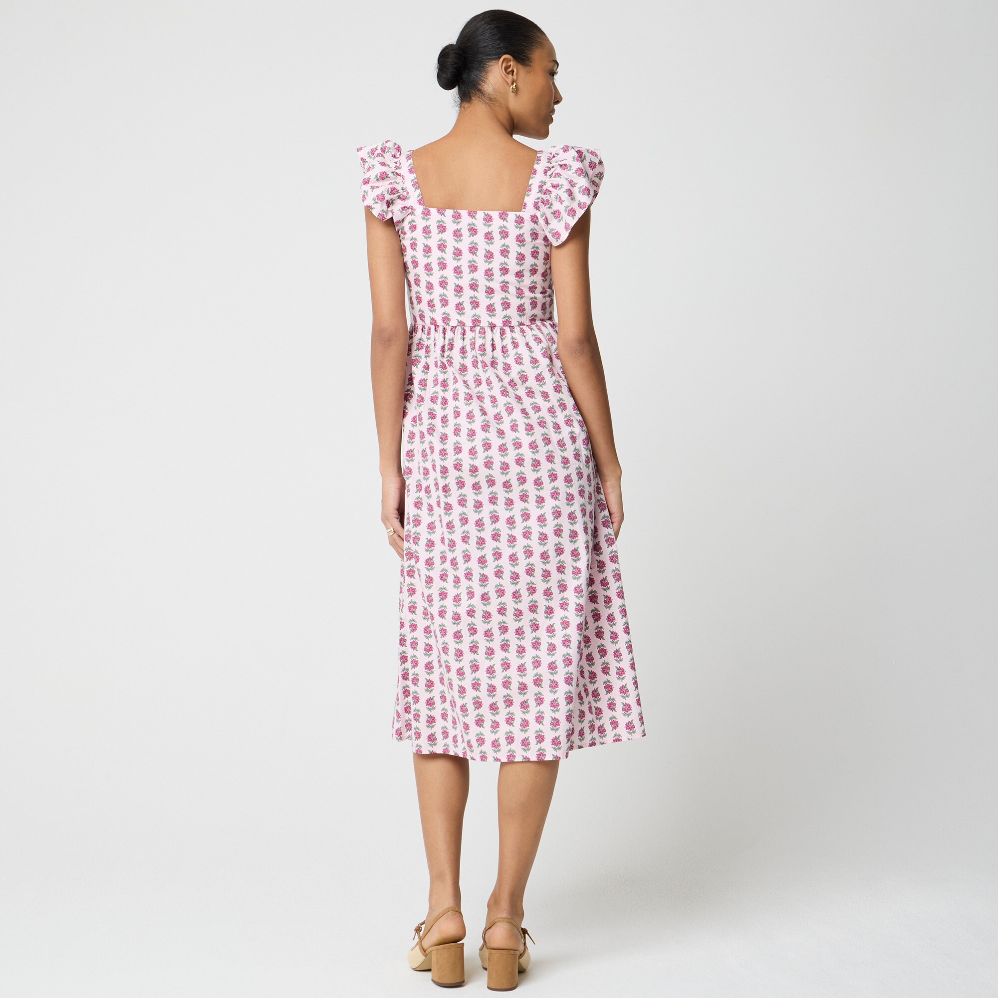 puff sleeves midi dress Pink Floral Button Puff Sleeve Maternity Midi Dress