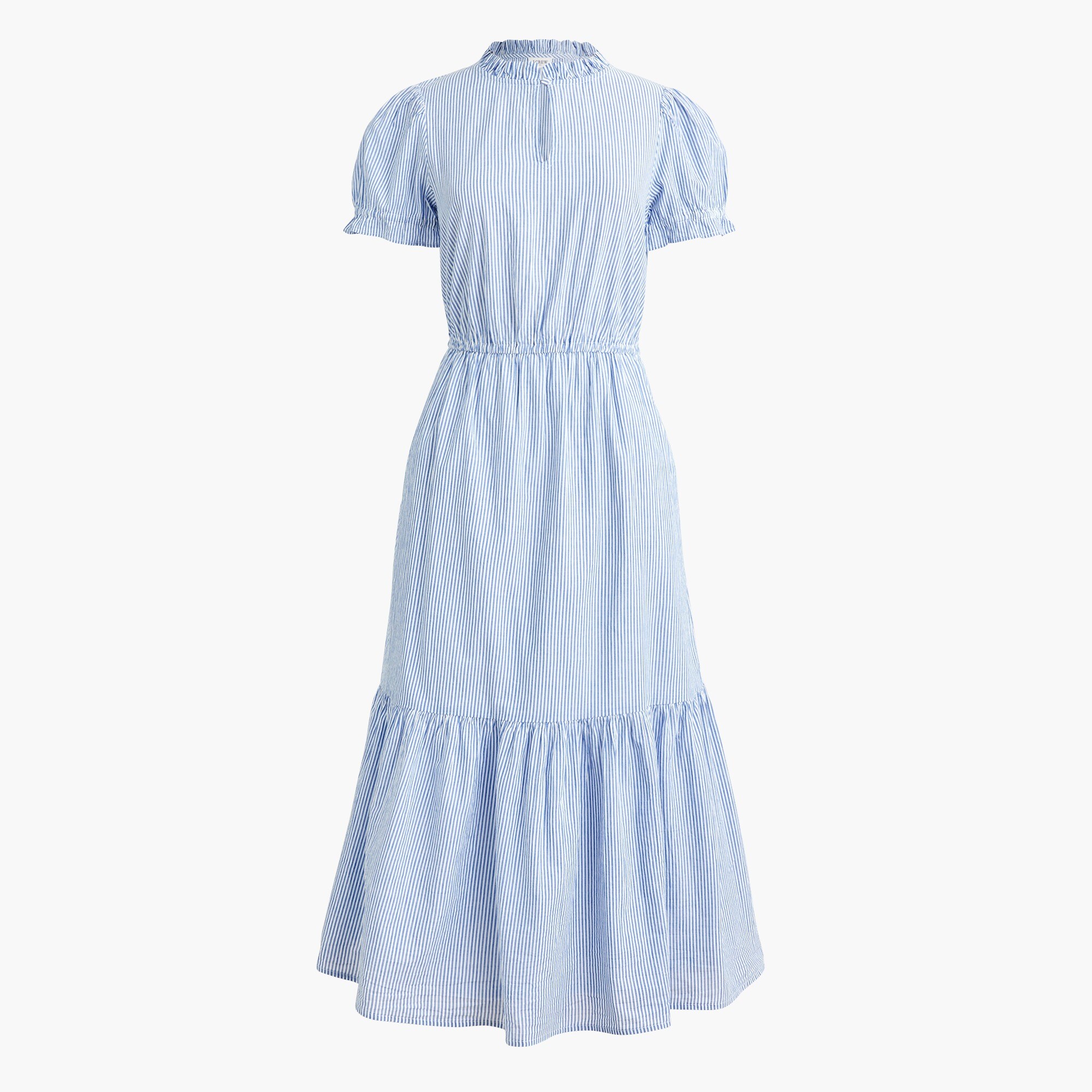Striped ruffleneck puff-sleeve midi dress