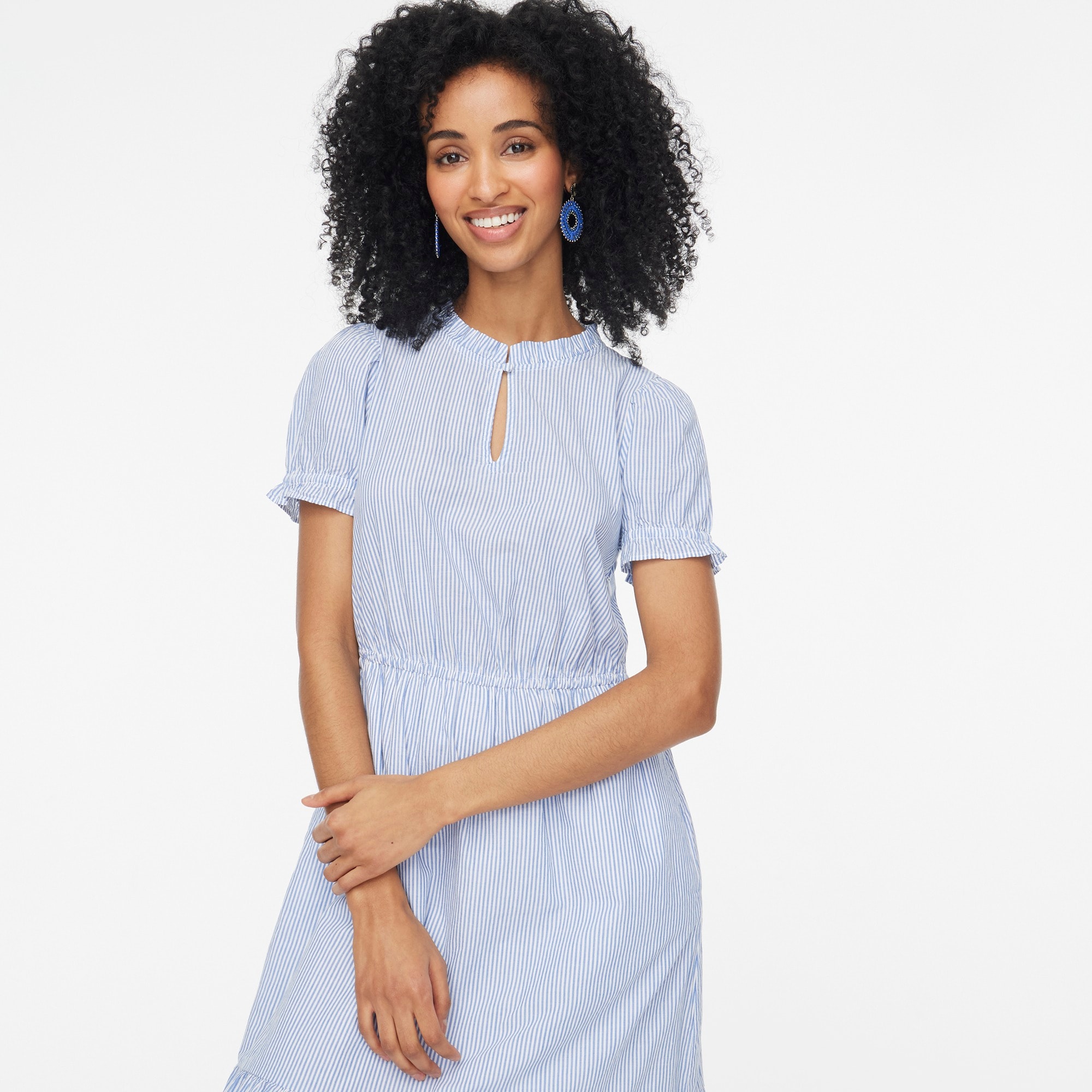 Striped ruffleneck puff-sleeve midi dress