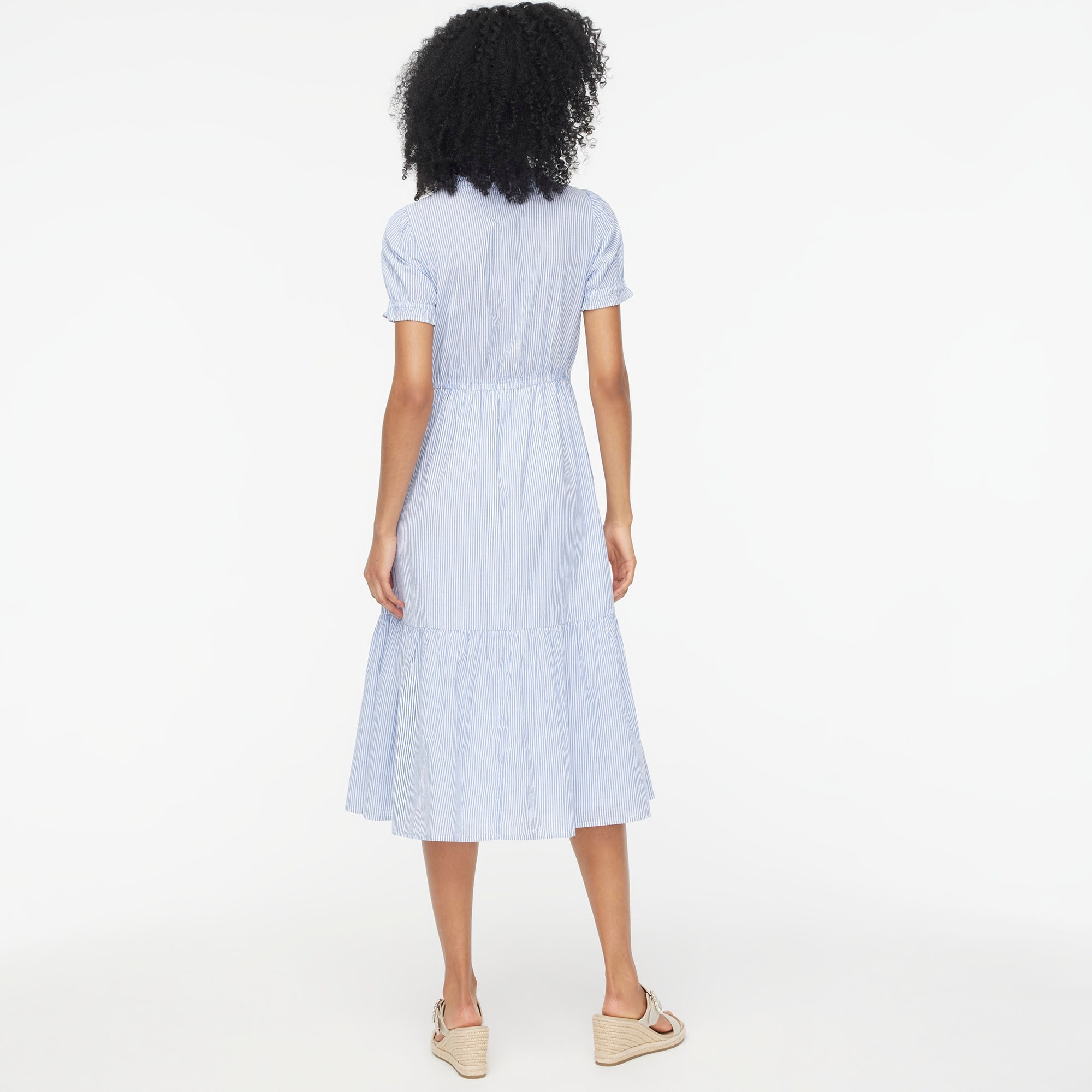 Striped ruffleneck puff-sleeve midi dress