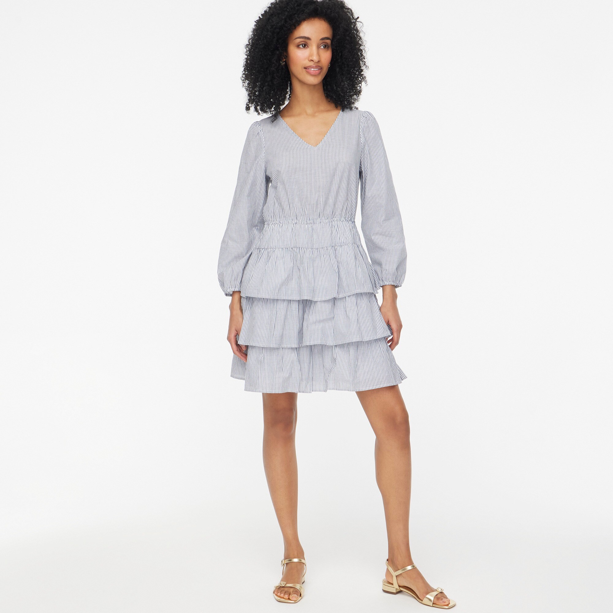 Striped long-sleeve tiered mini dress