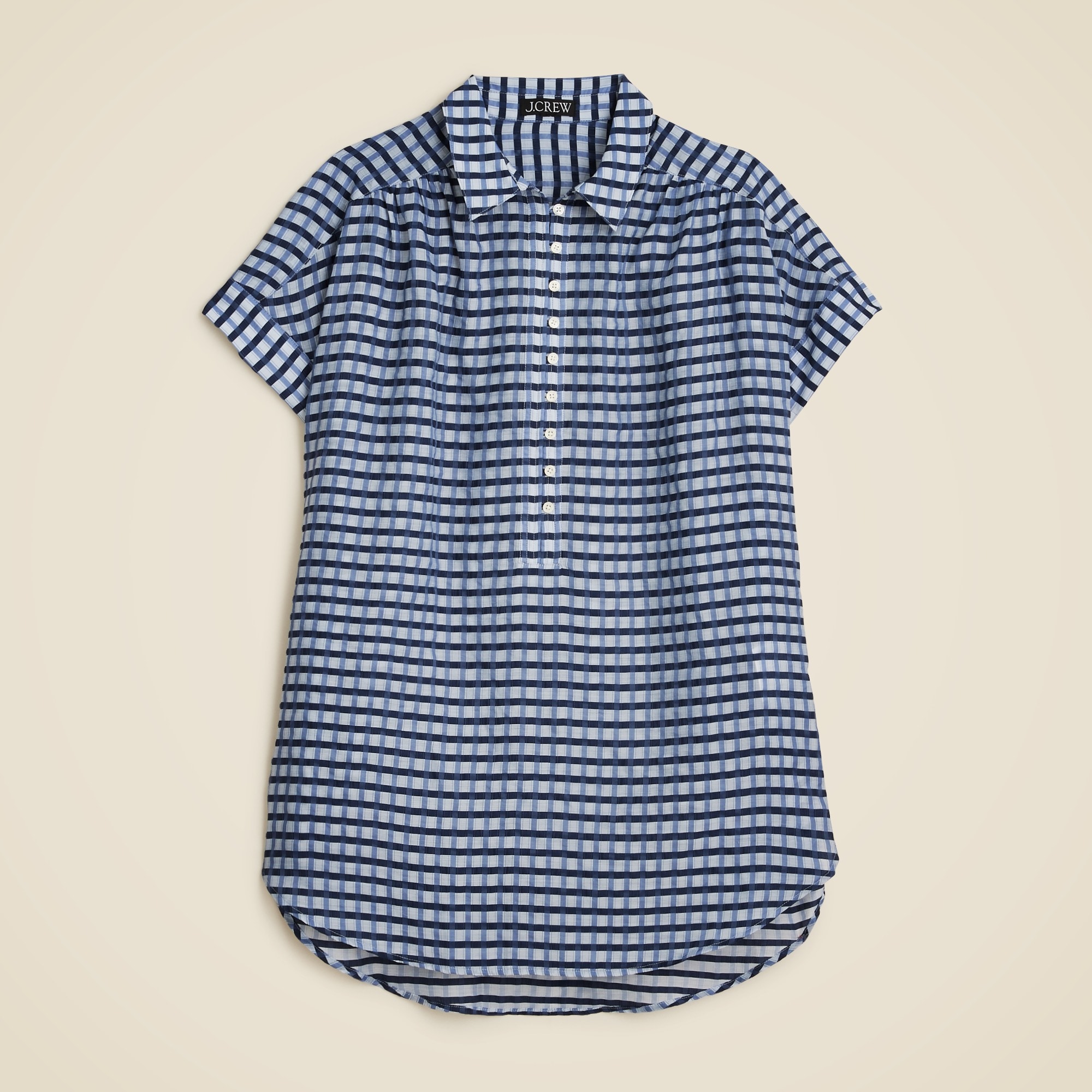 Crinkled Tunic Beach Dress In Gingham Print For Women | J.Crew