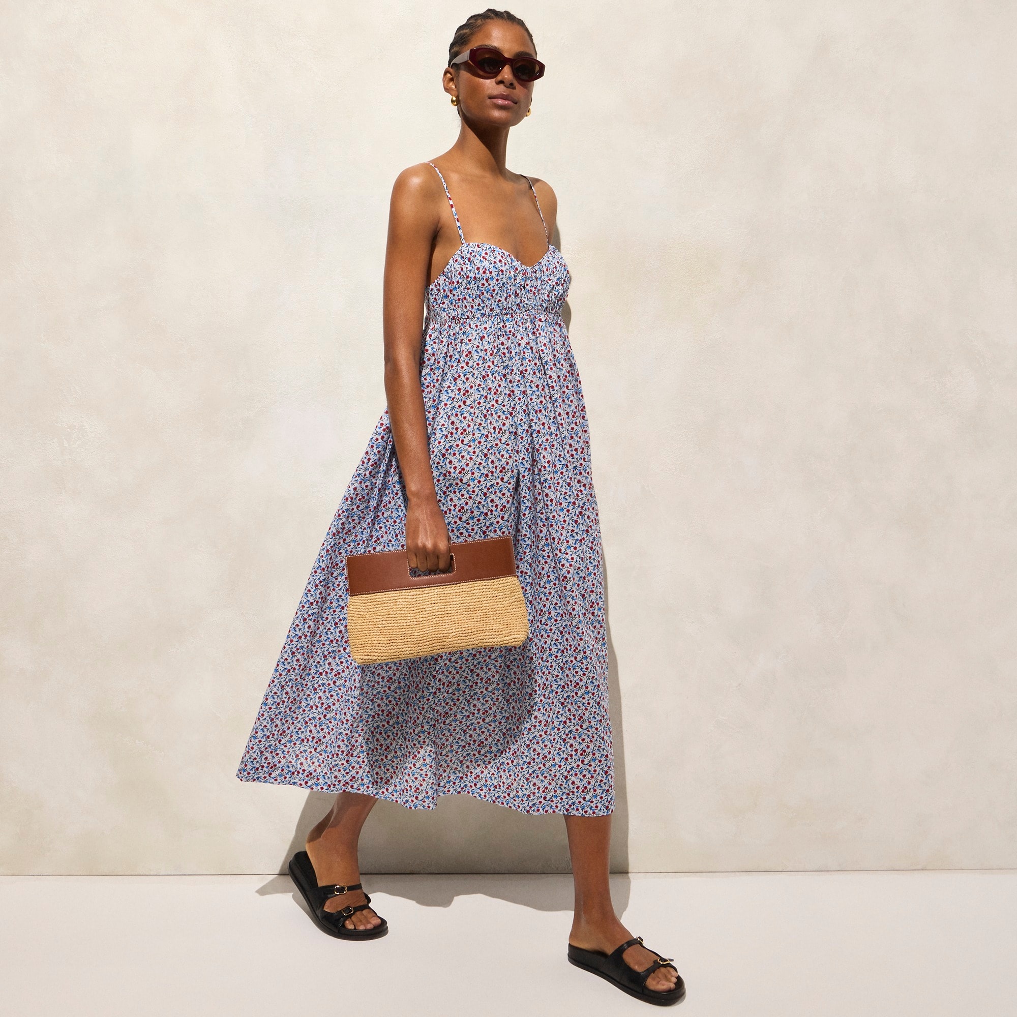 Cotton voile empire-waist dress in poppy print