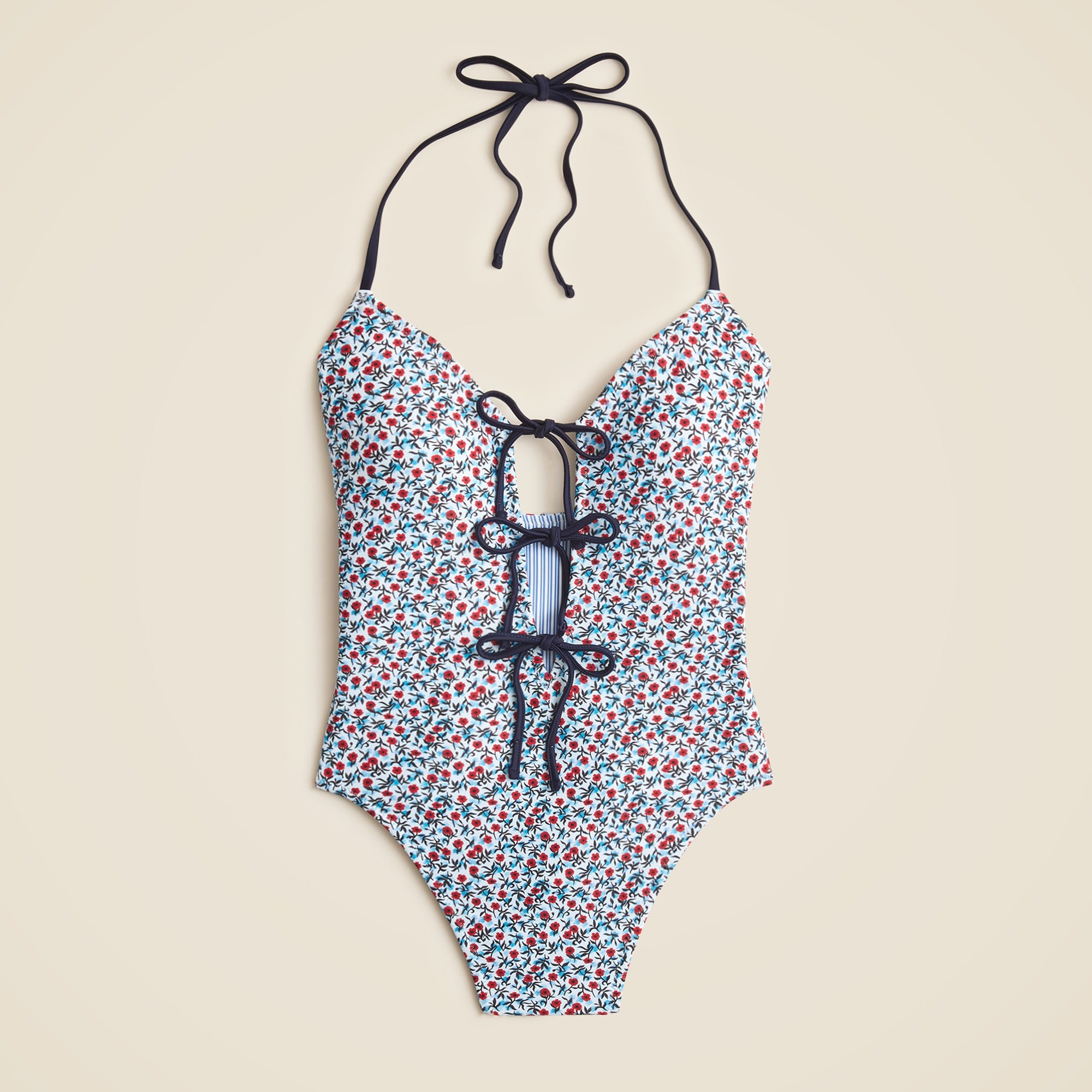 Tie-front halter one-piece in poppy print