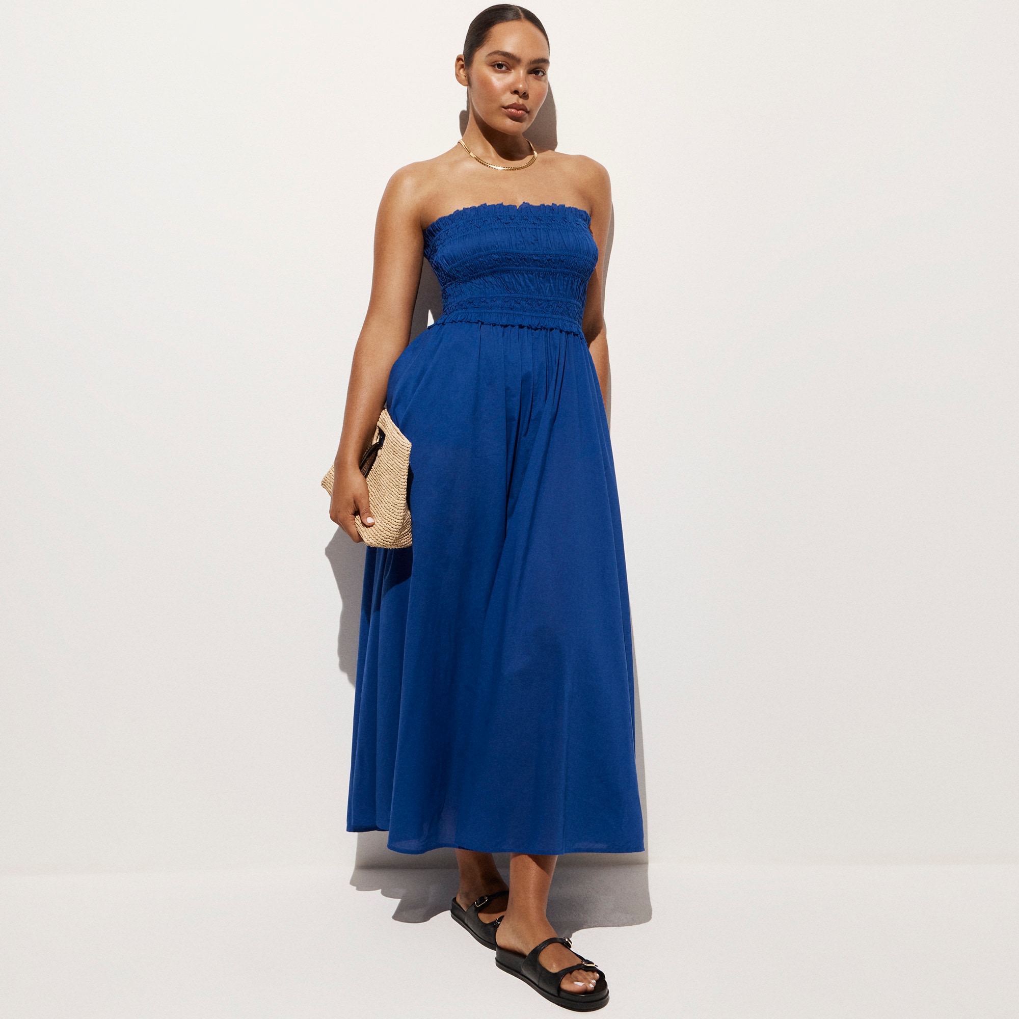 Smocked maxi dress in cotton voile