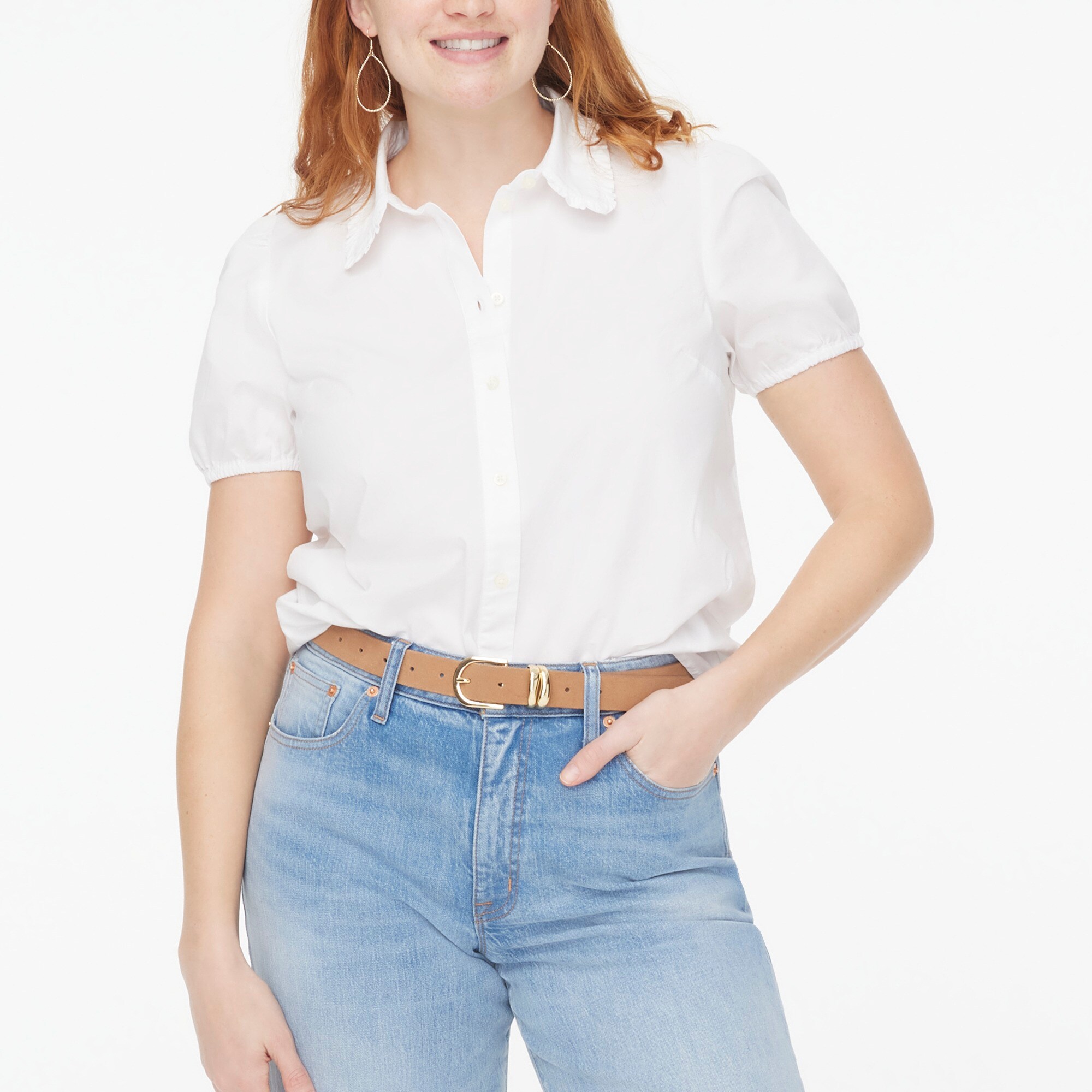 Puff-sleeve ruffle-collar top
