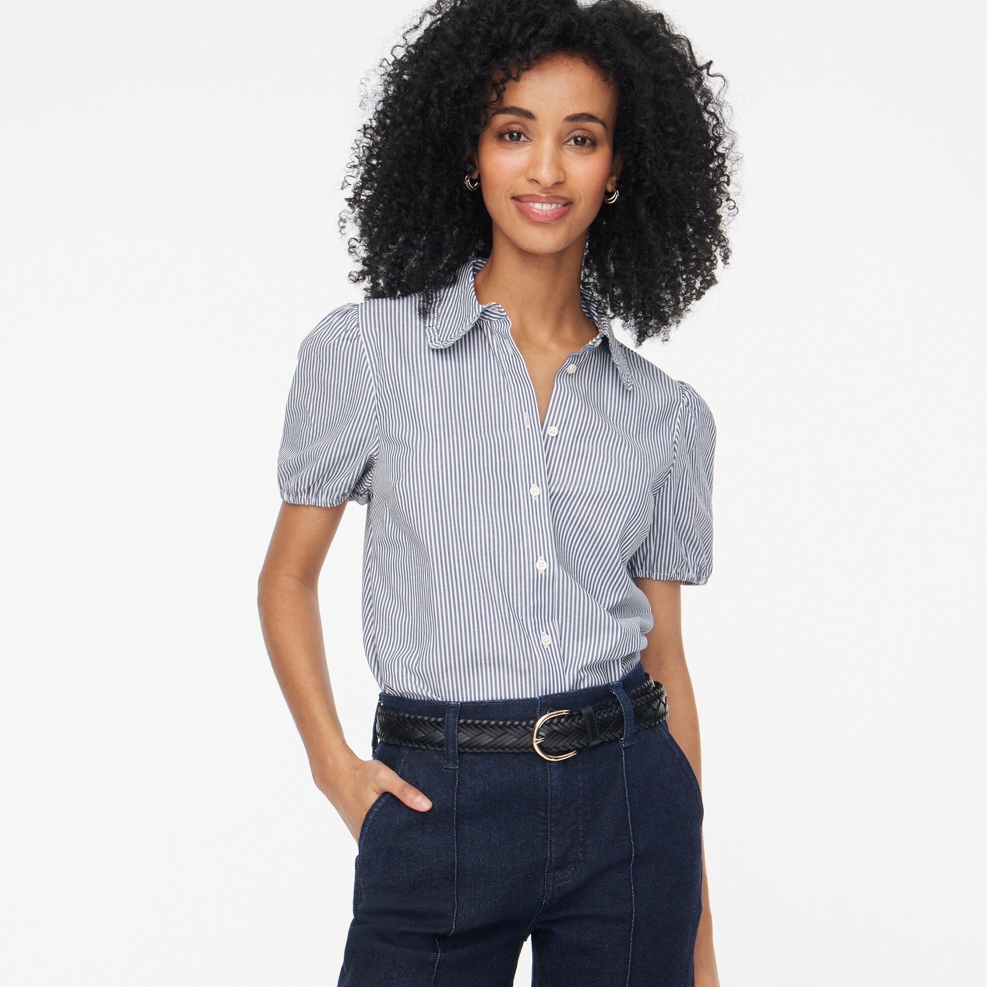 womens Striped puff-sleeve ruffle-collar top