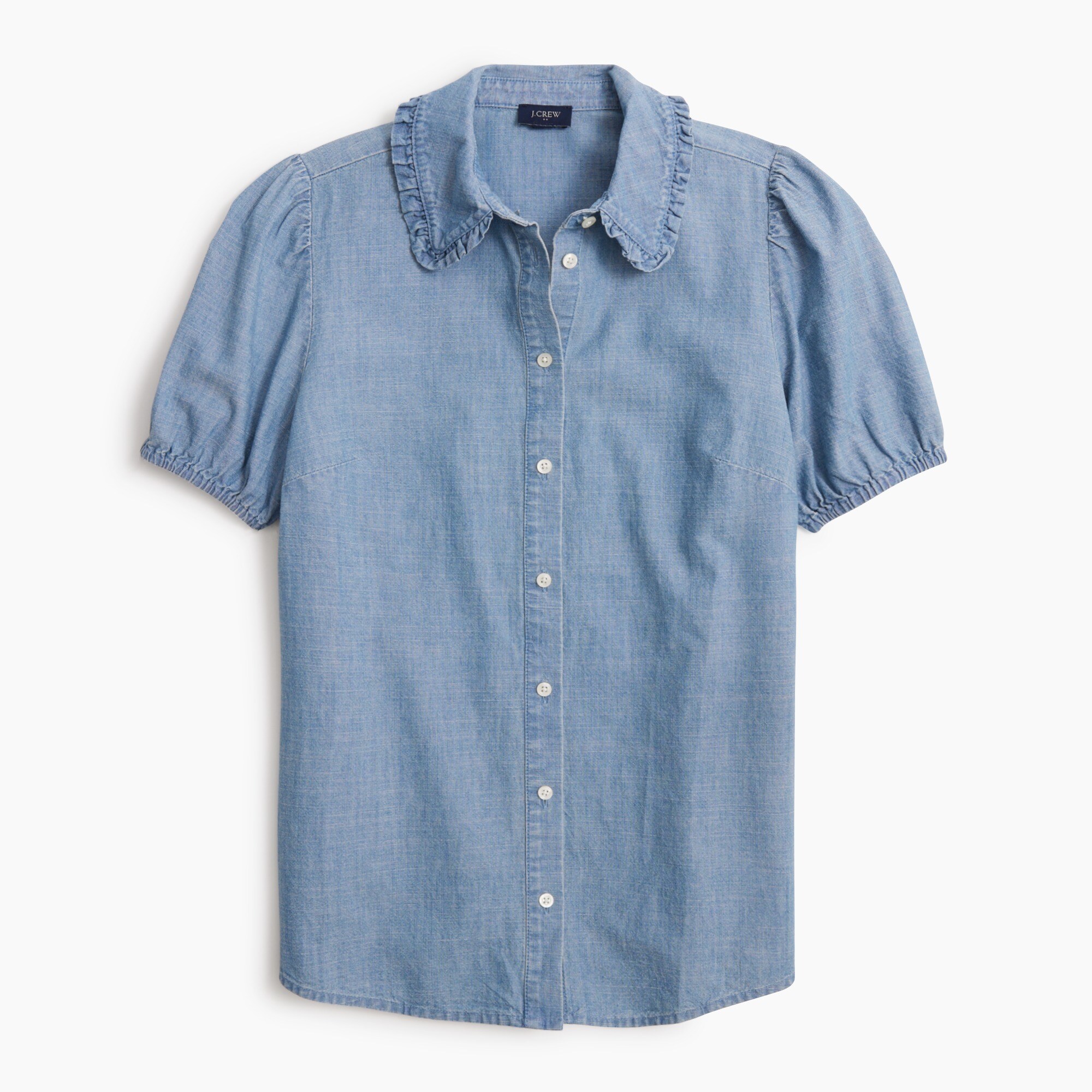 Chambray puff-sleeve ruffle-collar top