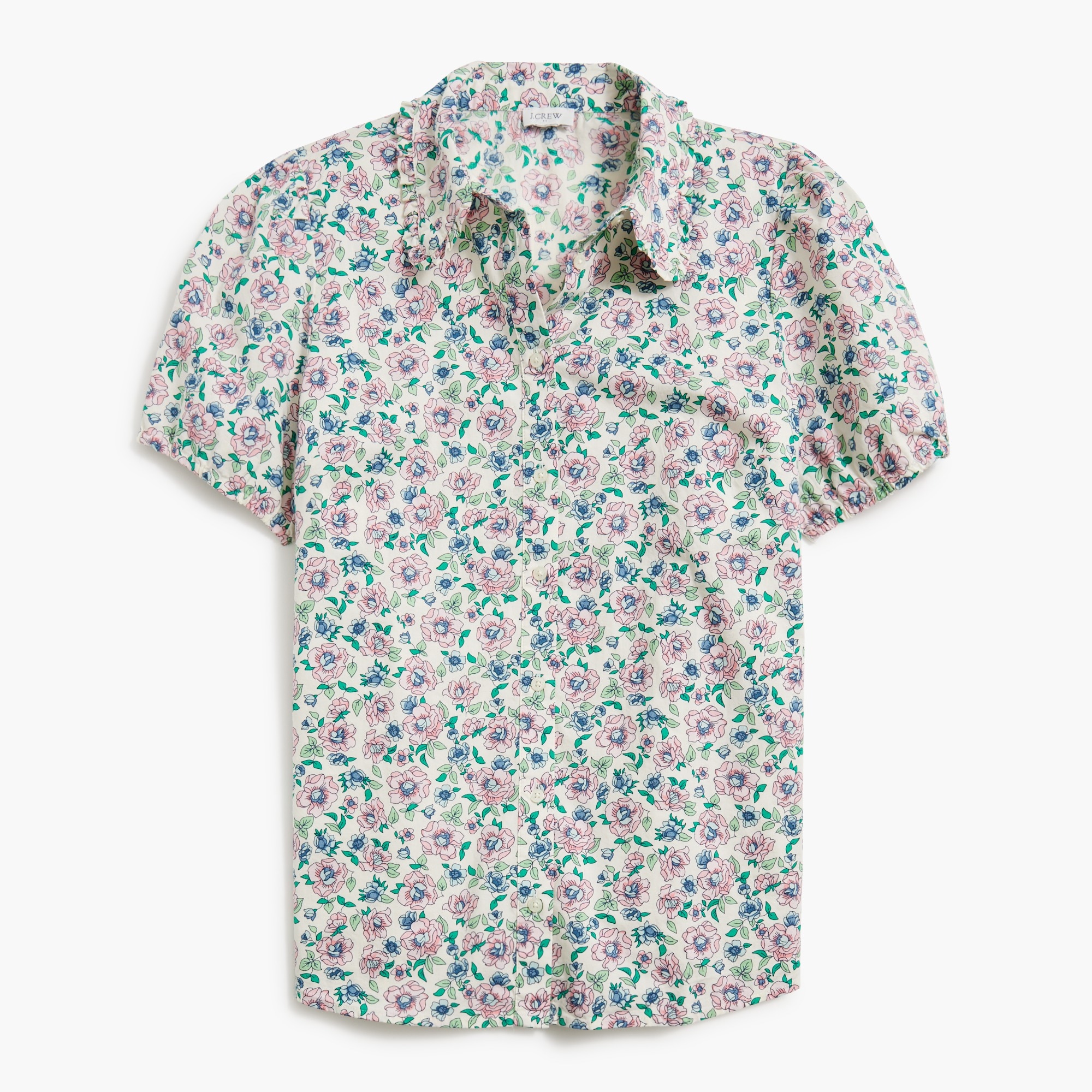 Printed puff-sleeve ruffle-collar top