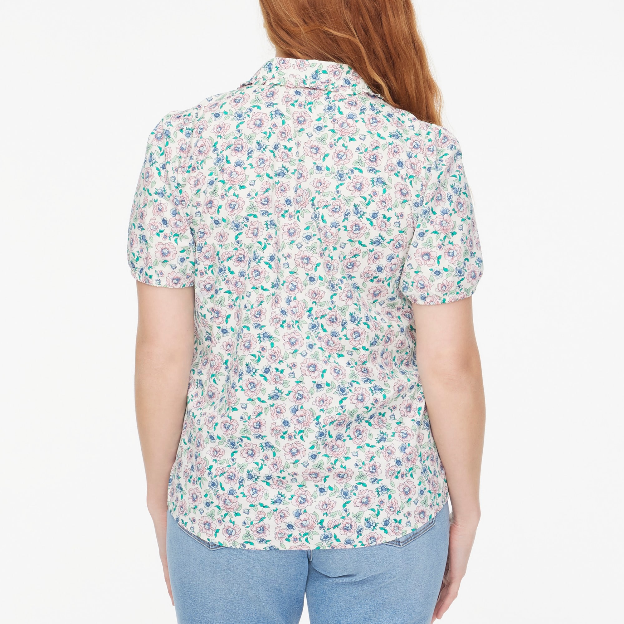Printed puff-sleeve ruffle-collar top