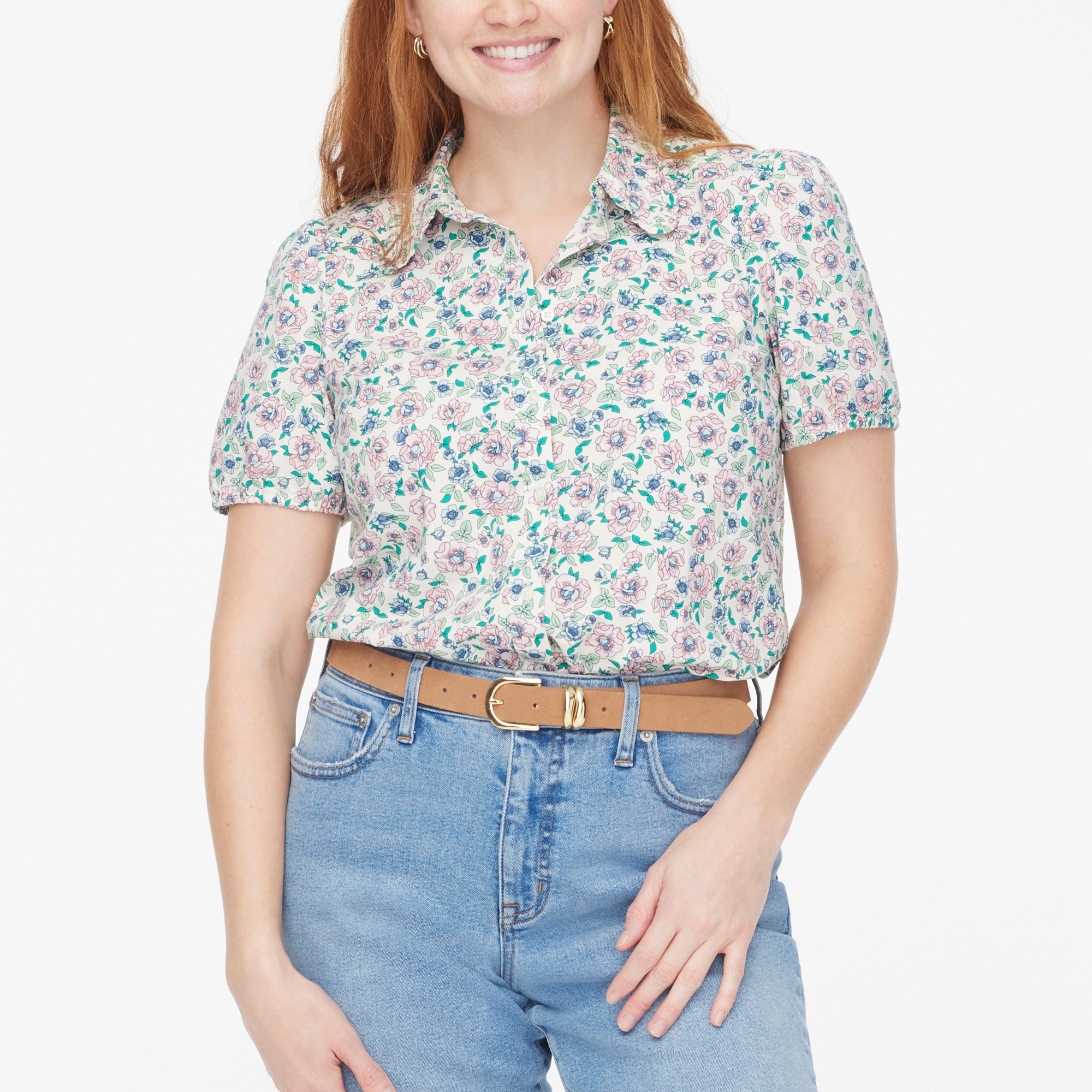 Printed puff-sleeve ruffle-collar top