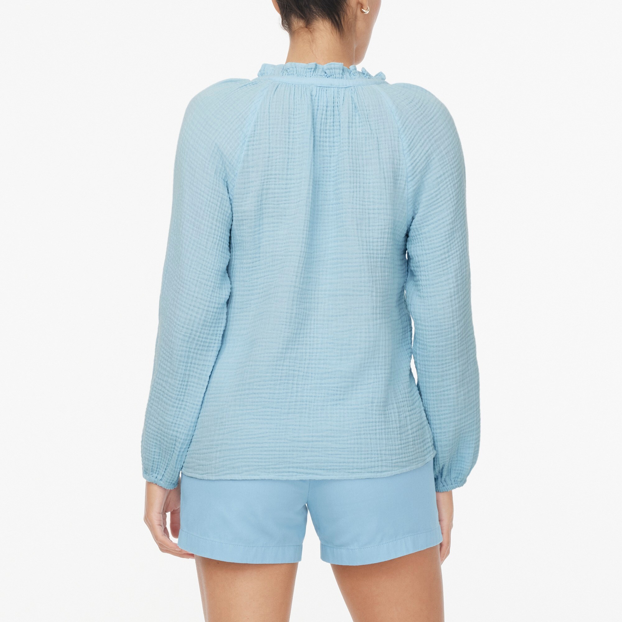 Long-sleeve gauze tie-neck top