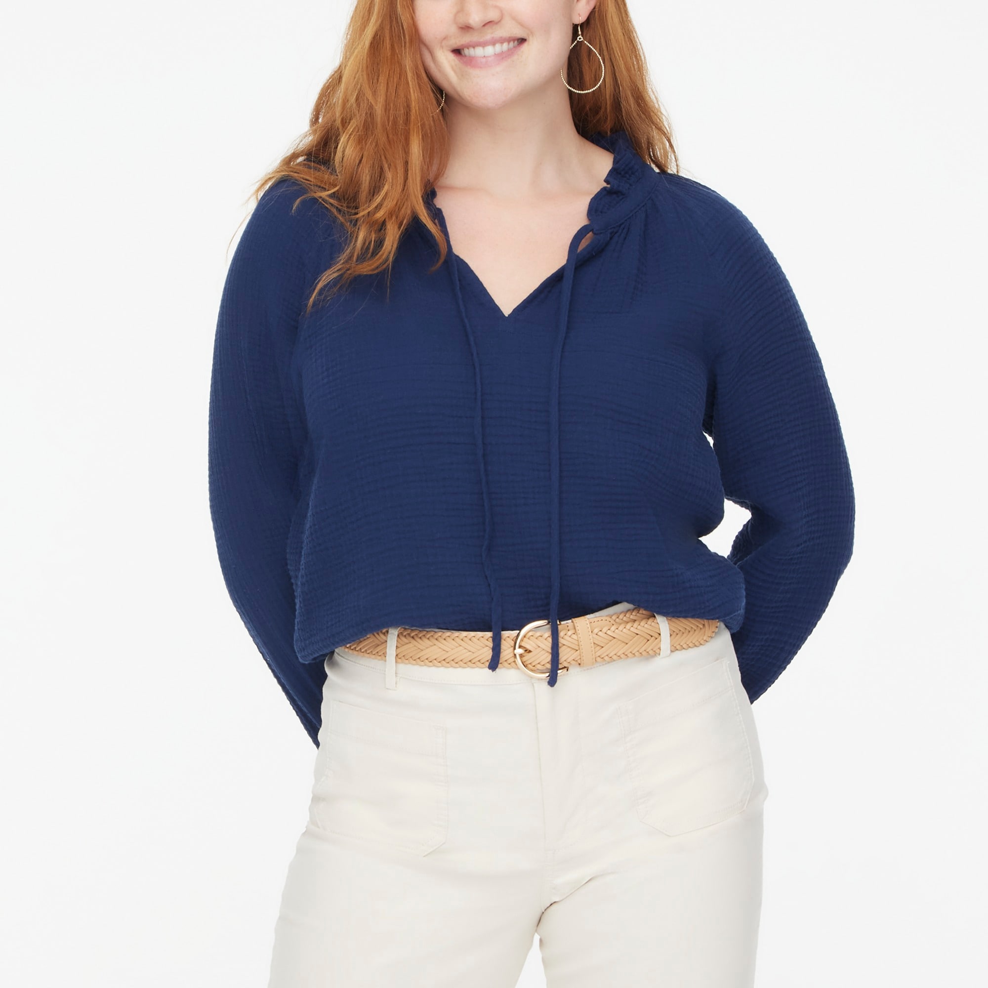 womens Long-sleeve gauze tie-neck top