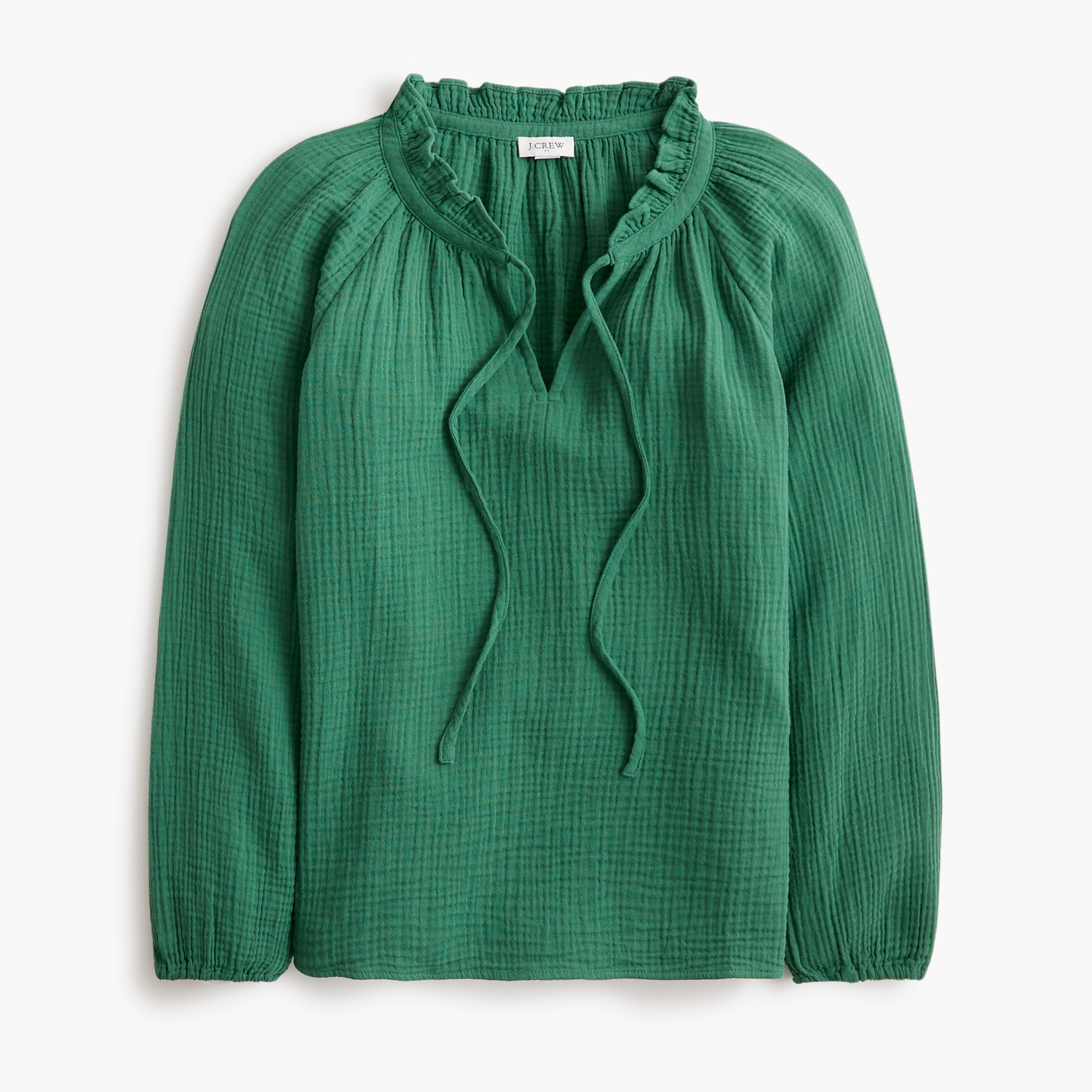 Long-sleeve gauze tie-neck top