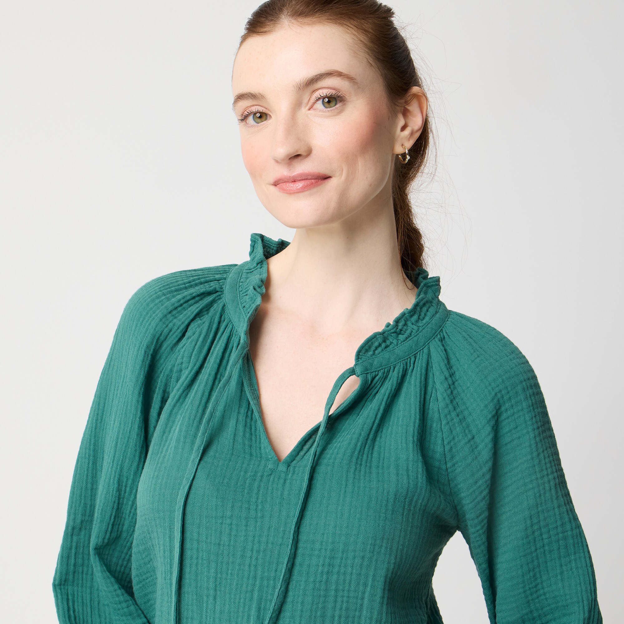 Long-sleeve gauze tie-neck top