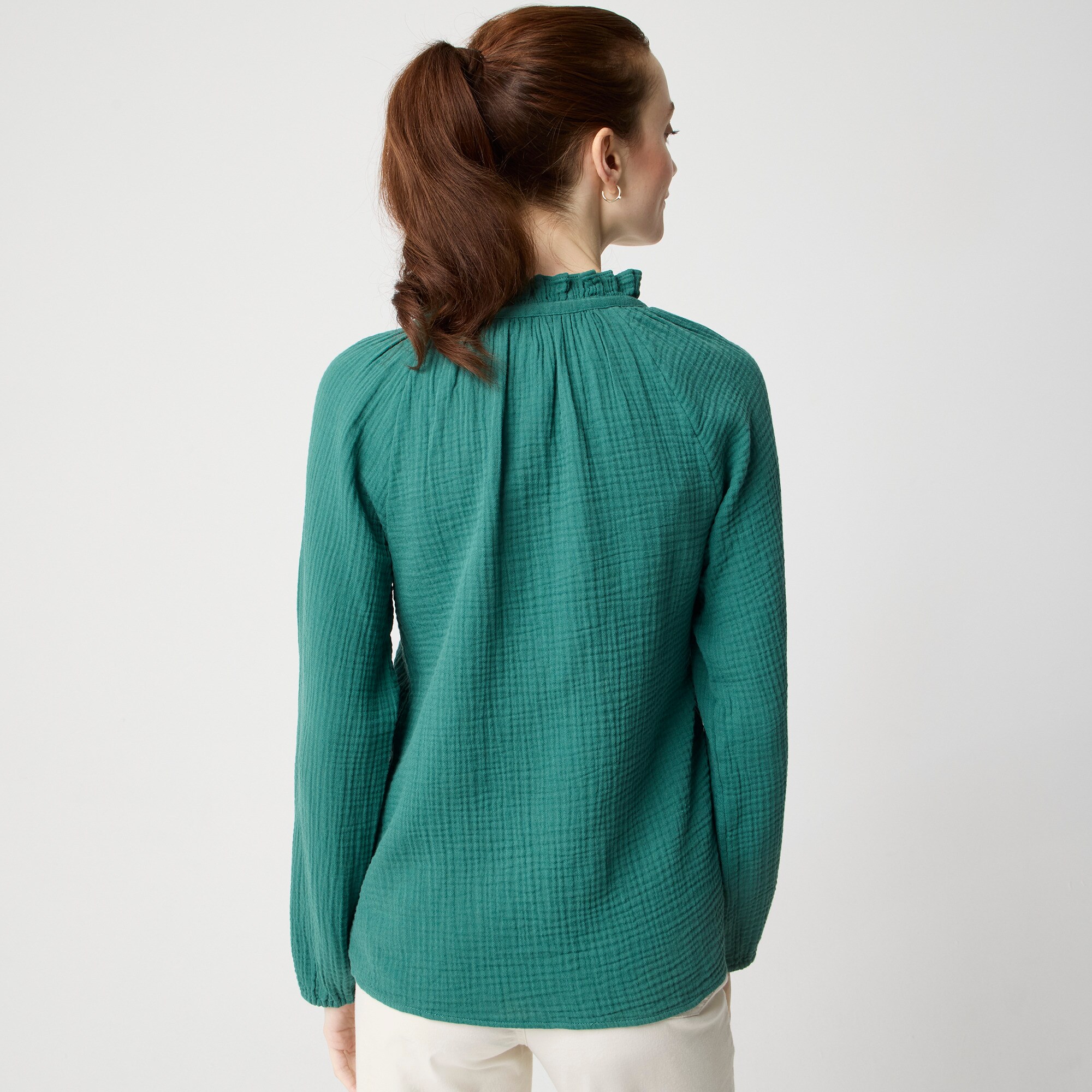 Long-sleeve gauze tie-neck top