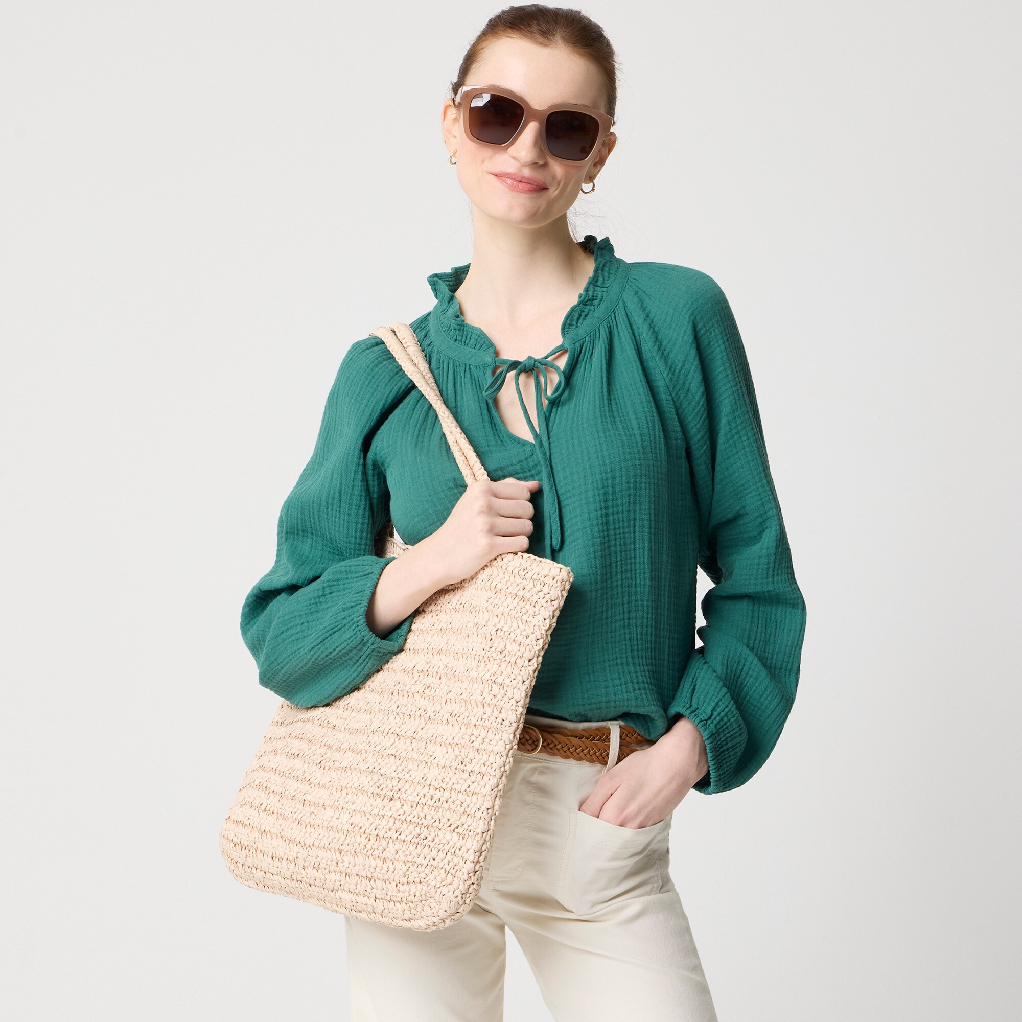 Long-sleeve gauze tie-neck top