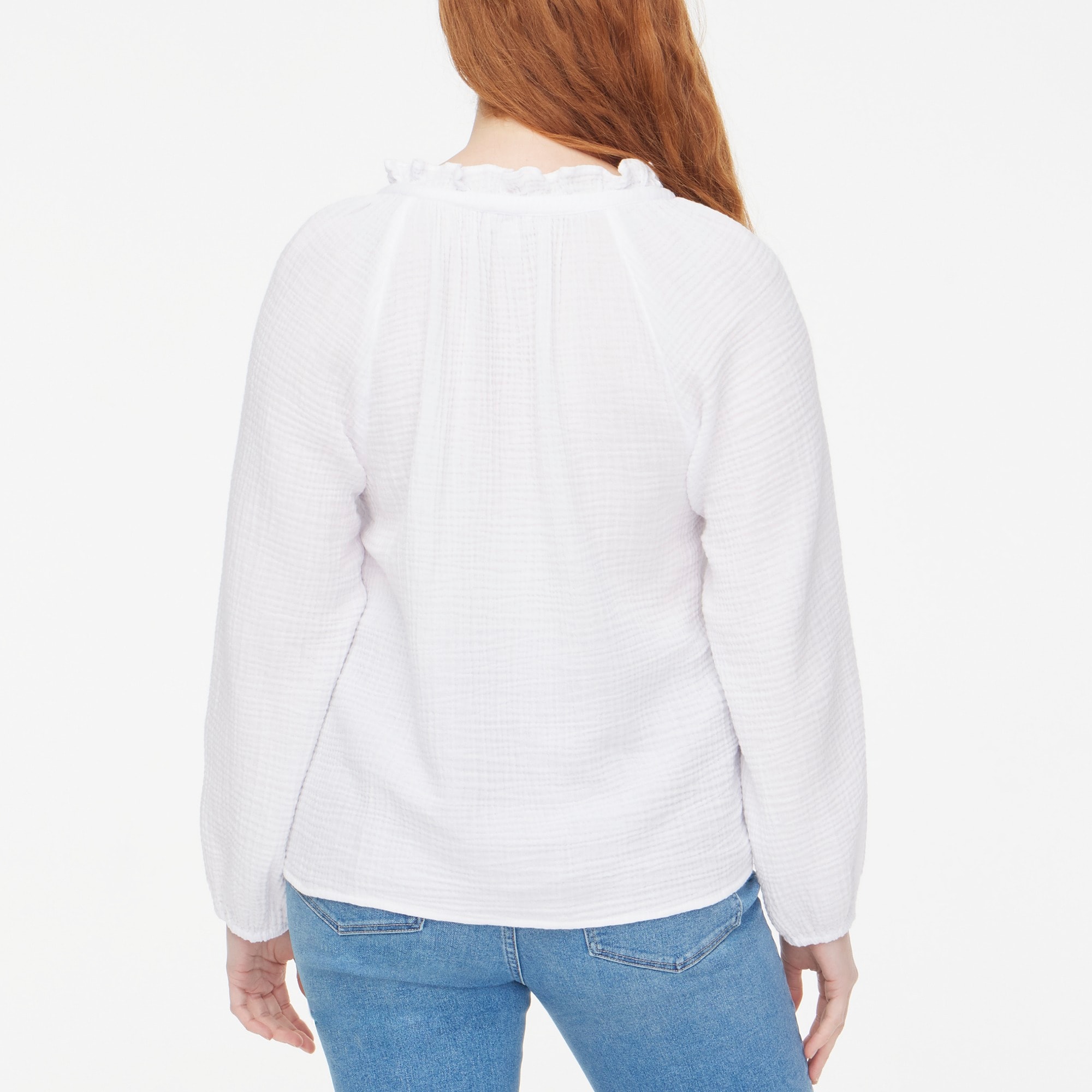 Long-sleeve gauze tie-neck top