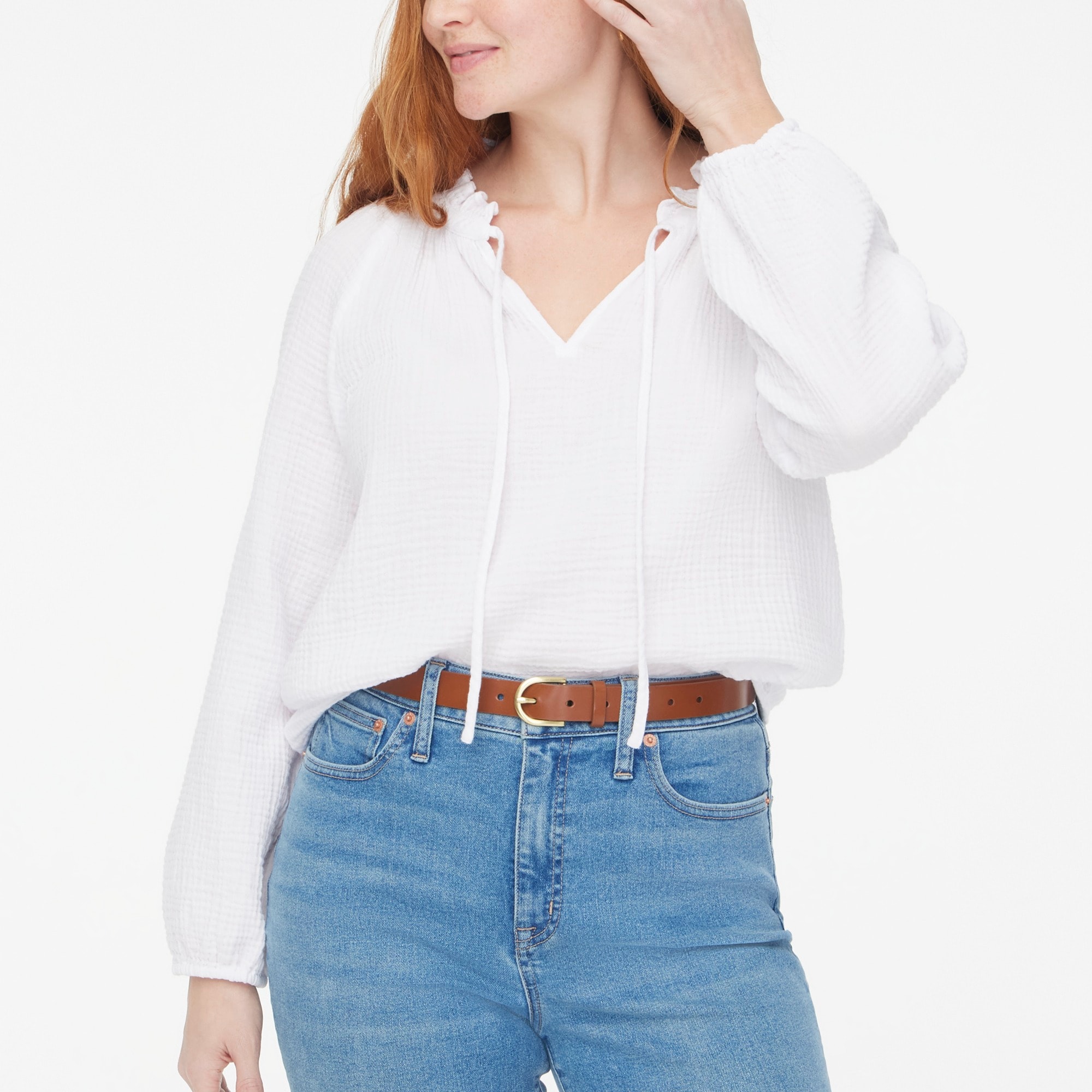 womens Long-sleeve gauze tie-neck top