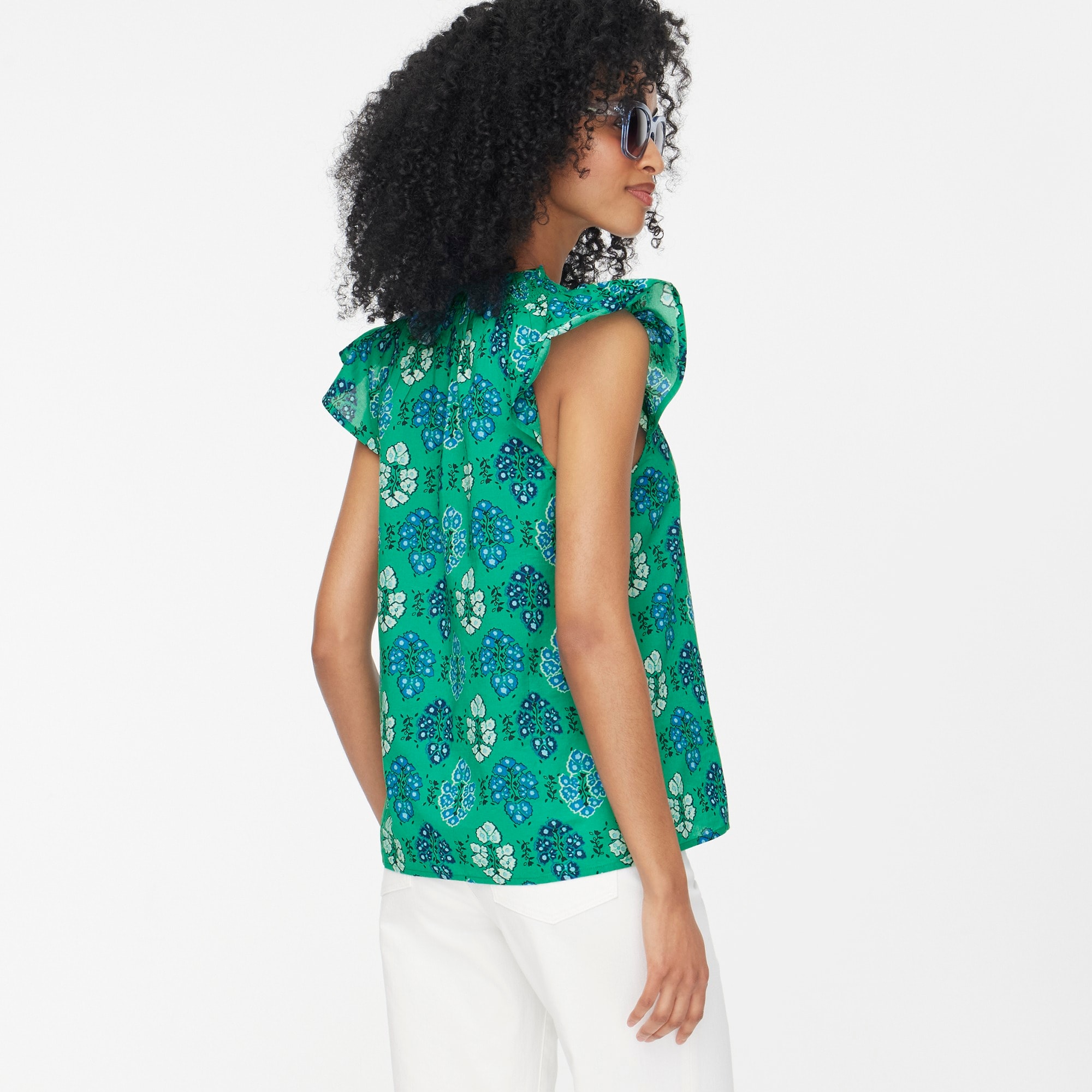 Printed flutter-sleeve top
