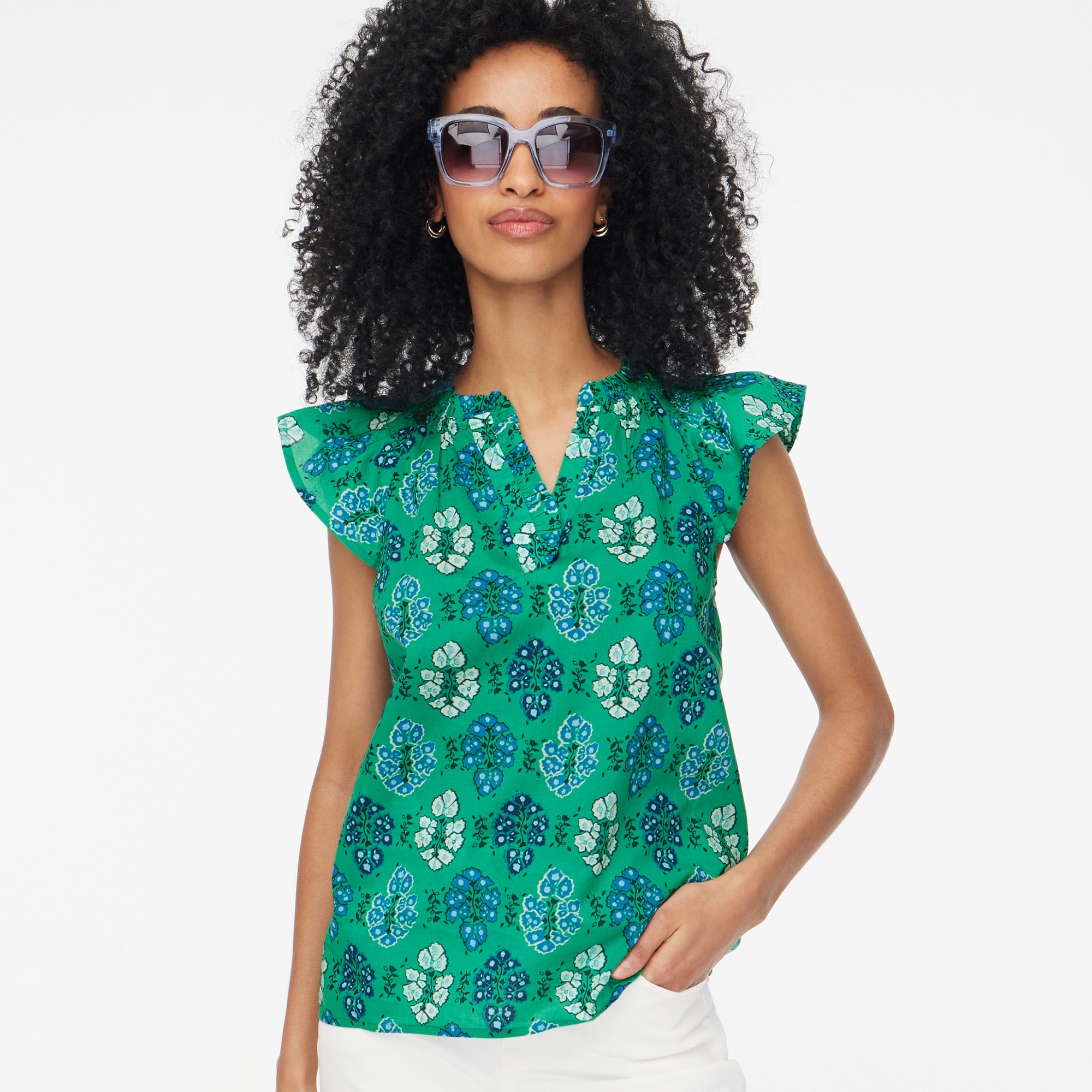 Printed flutter-sleeve top