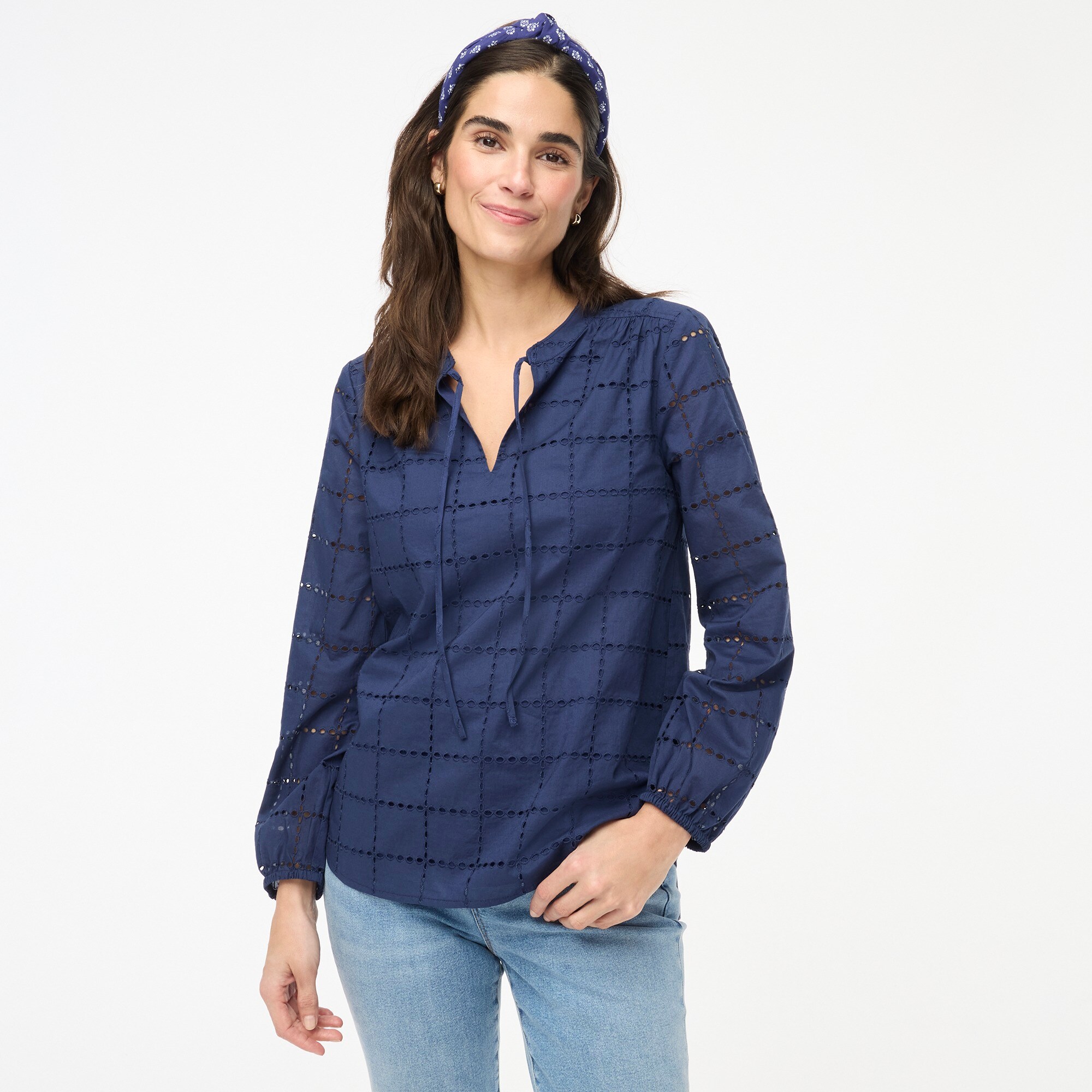 womens Long-sleeve eyelet tie-neck top