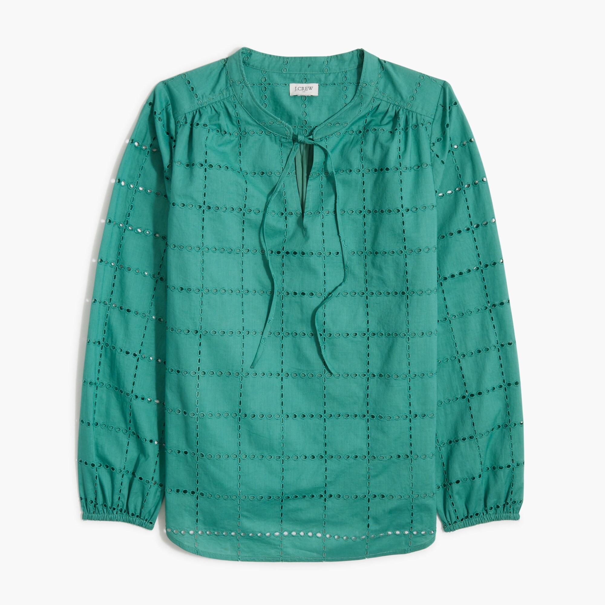  Long-sleeve eyelet tie-neck top