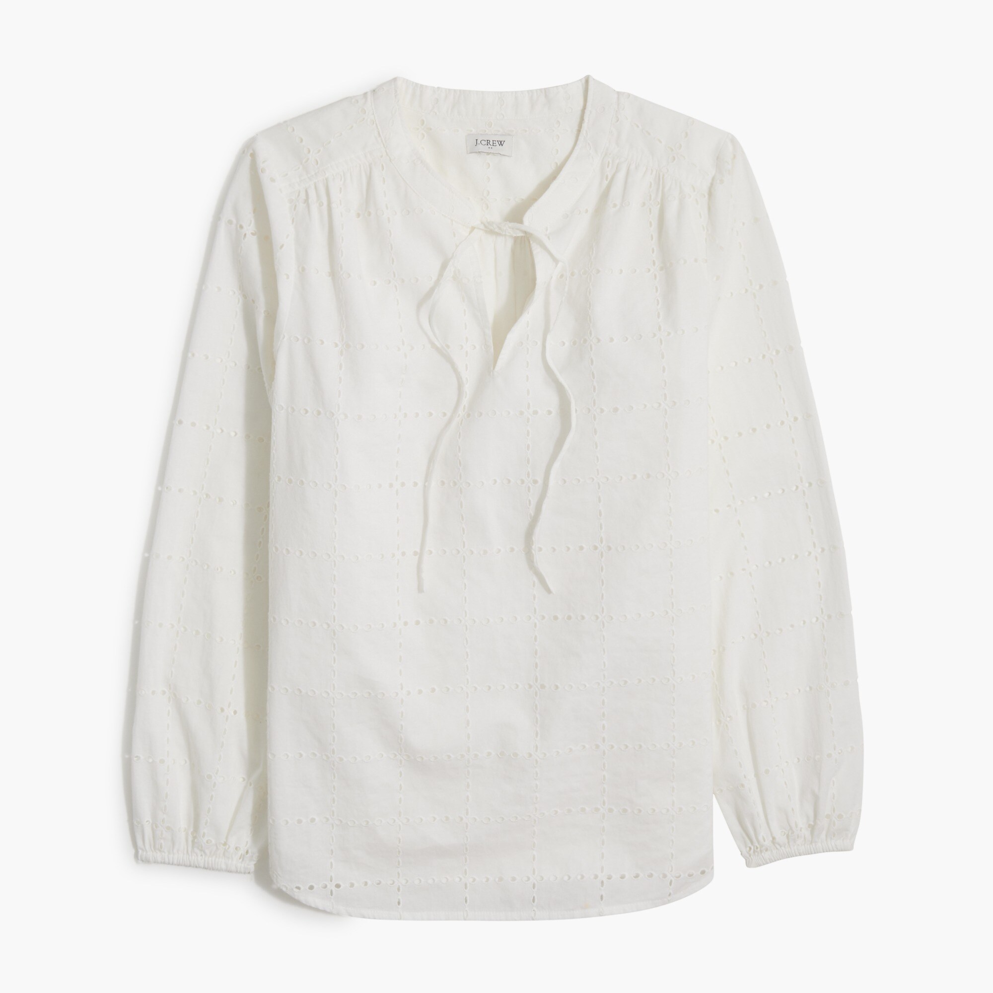 long-sleeve eyelet tie-neck top for women