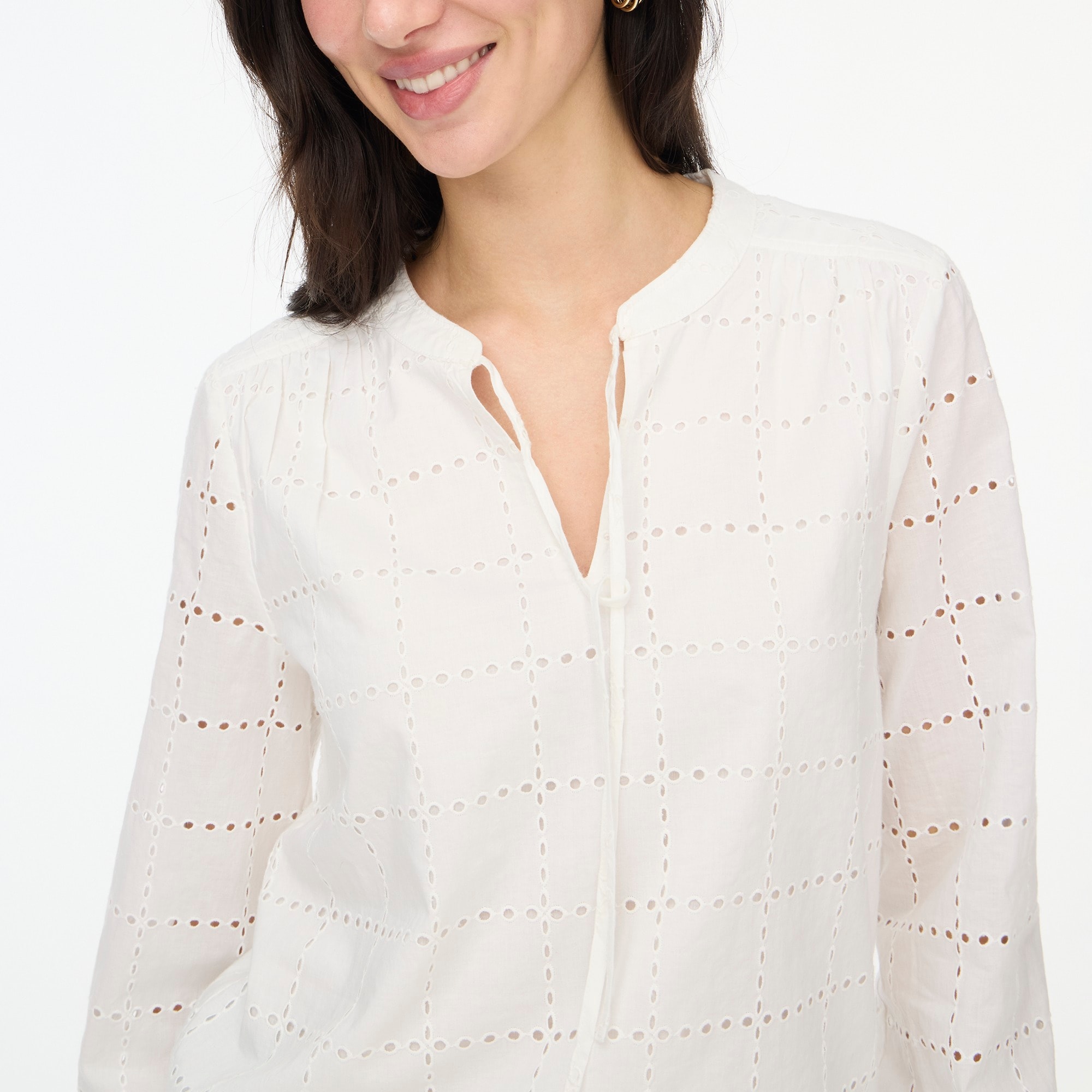 Factory: Long-sleeve Eyelet Tie-neck Top For Women