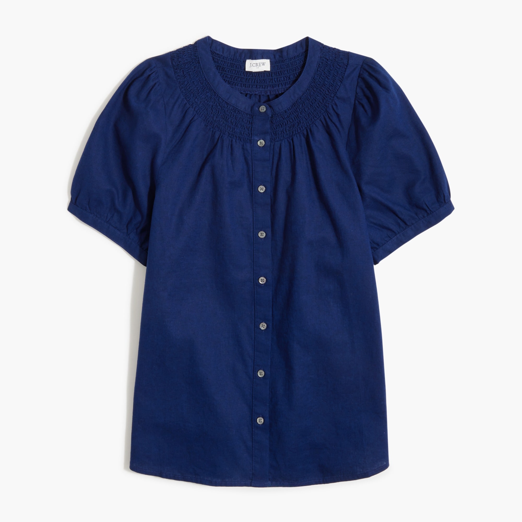 Factory: Linen-blend Short-sleeve Smock-neck Top For Women