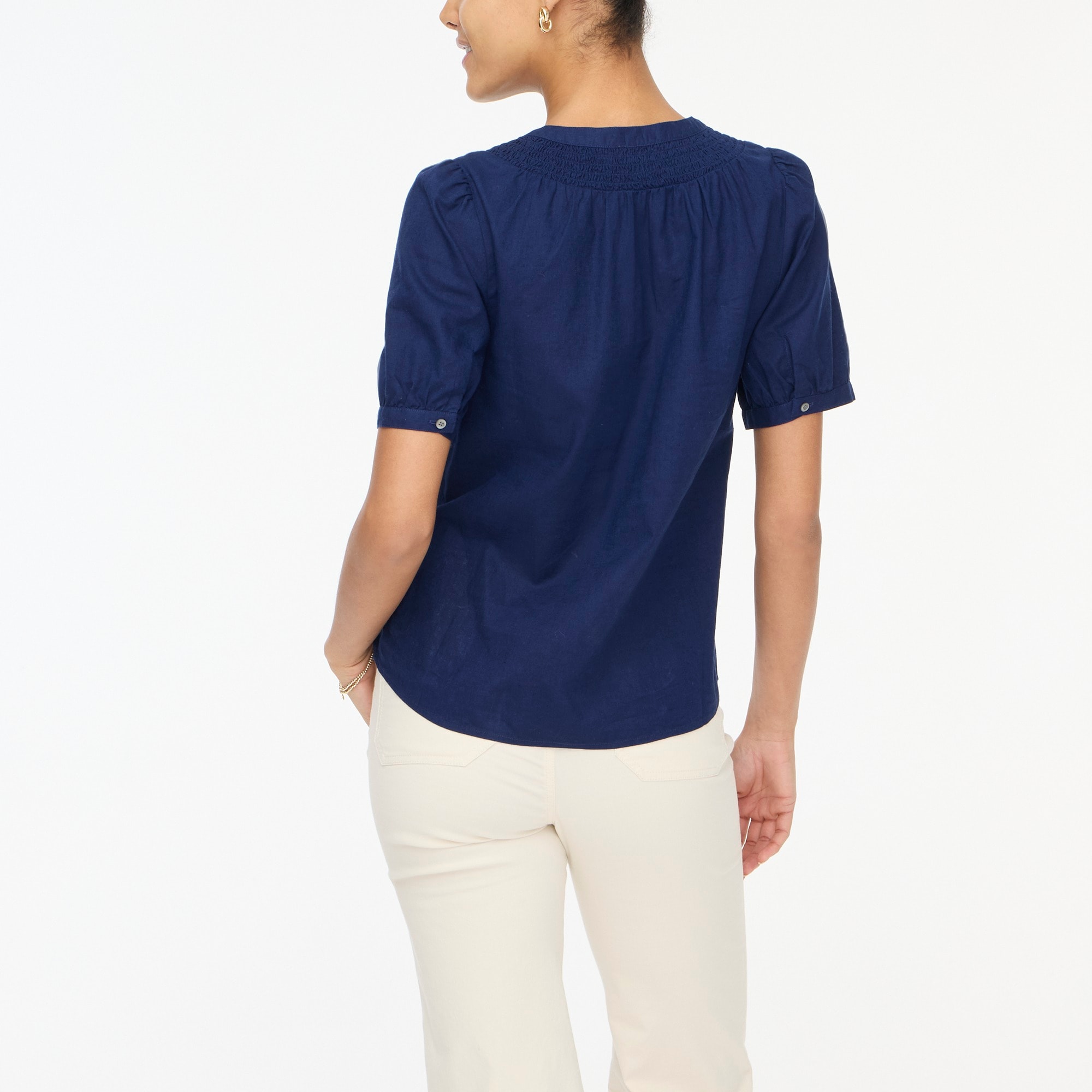 Linen-blend short-sleeve smock-neck top