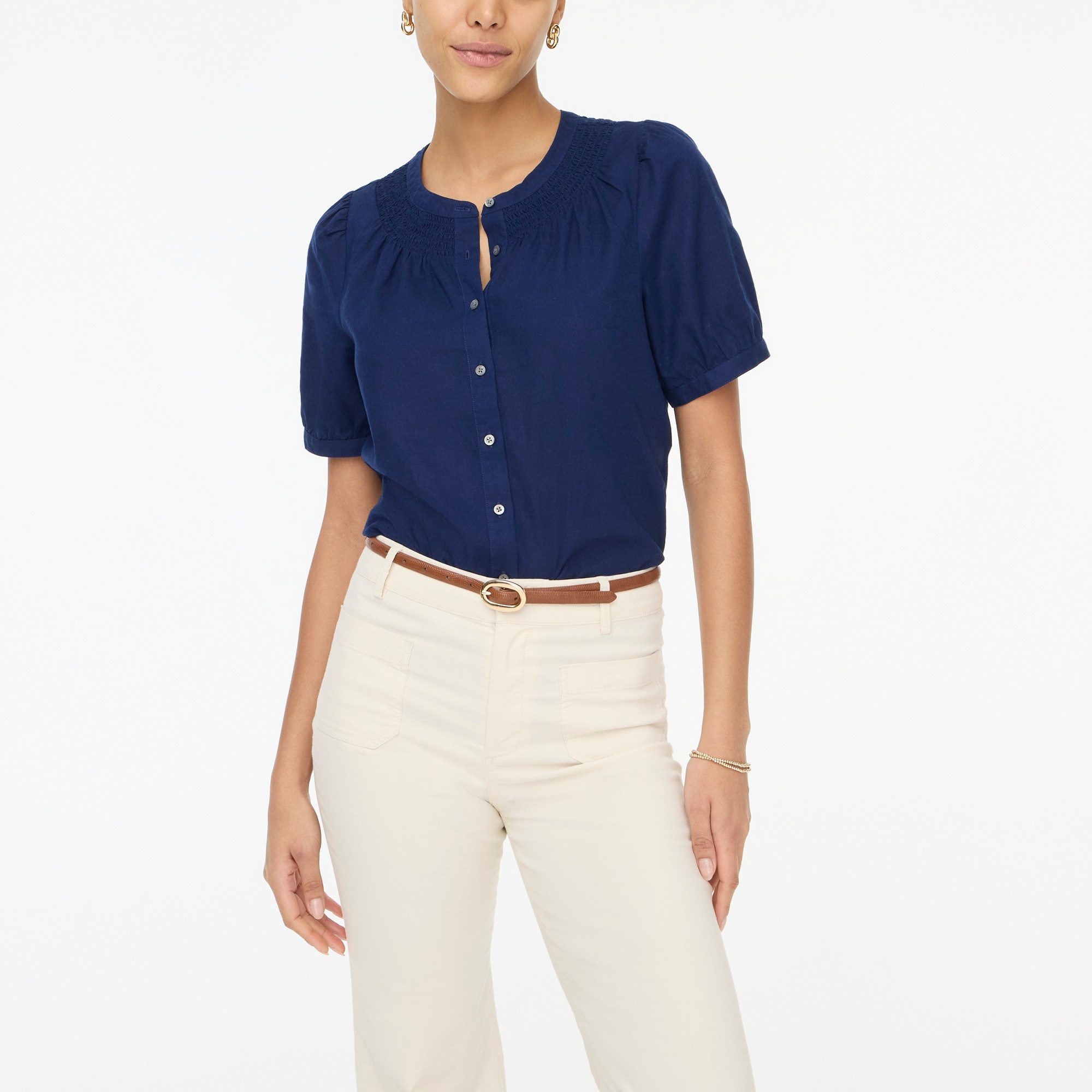 womens Linen-blend short-sleeve smock-neck top