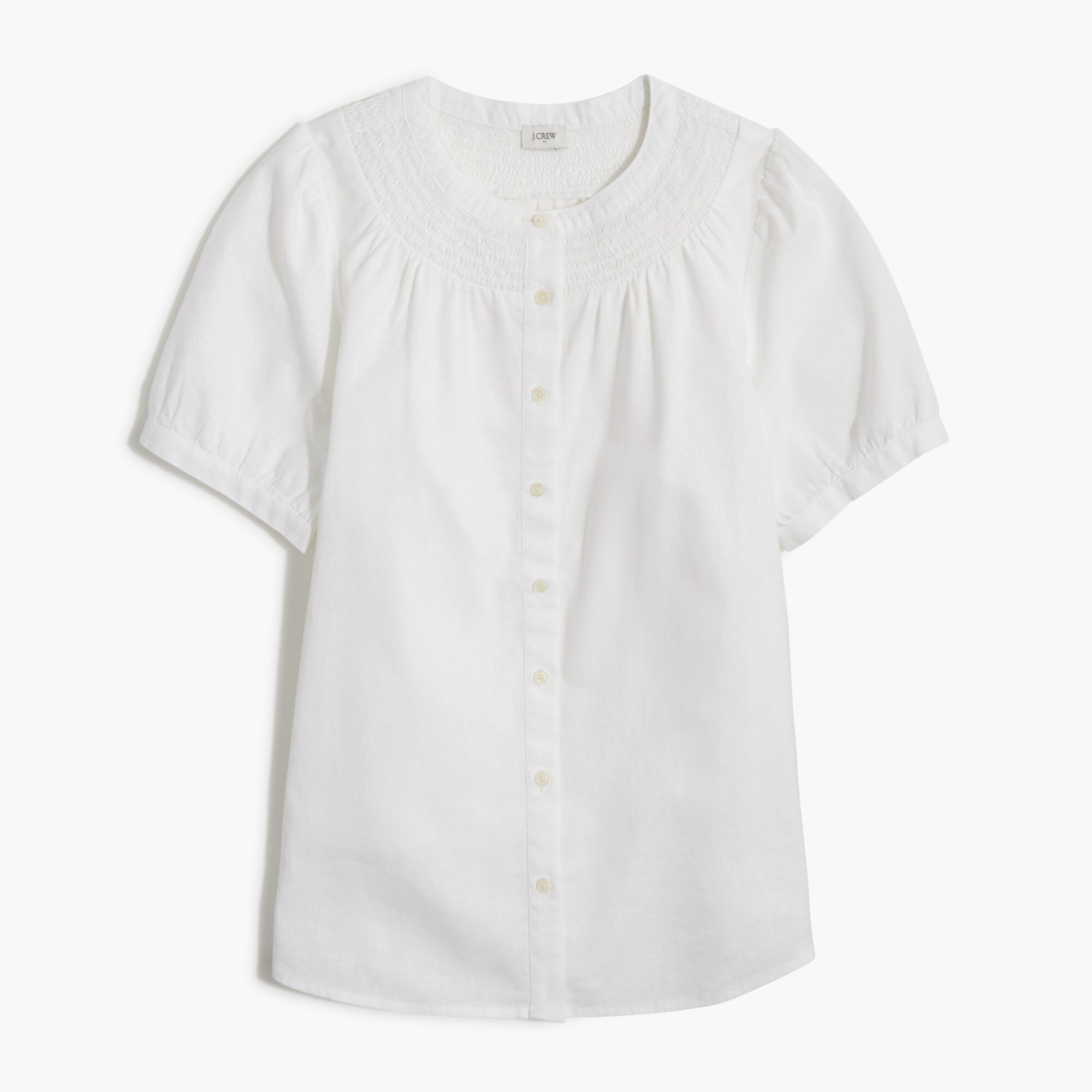 Linen-blend short-sleeve smock-neck top