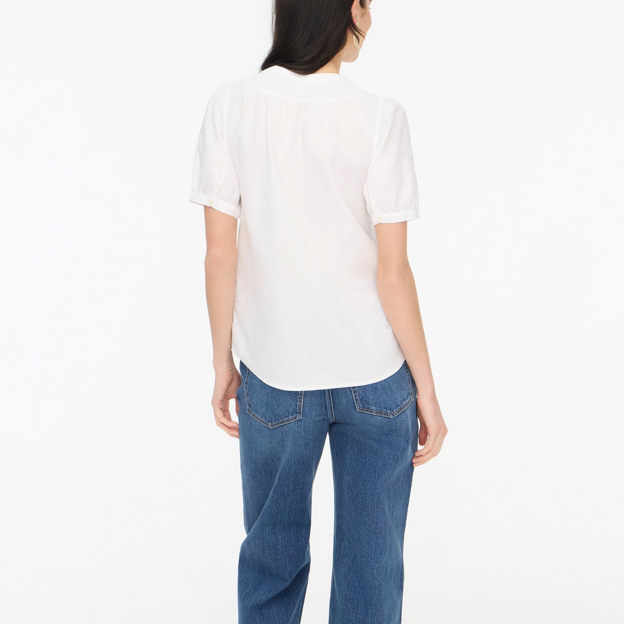 Linen-blend short-sleeve smock-neck top