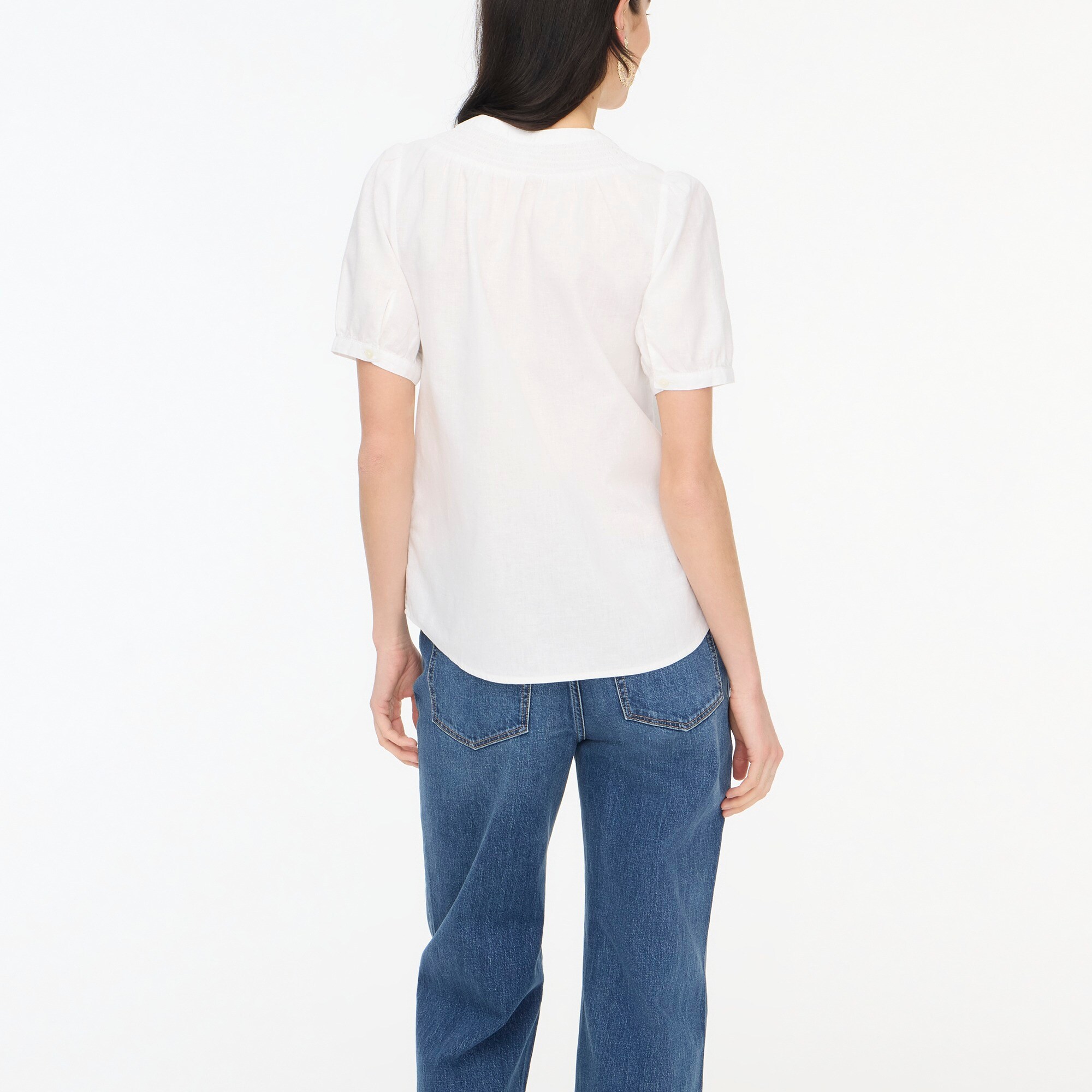 Linen-blend short-sleeve smock-neck top
