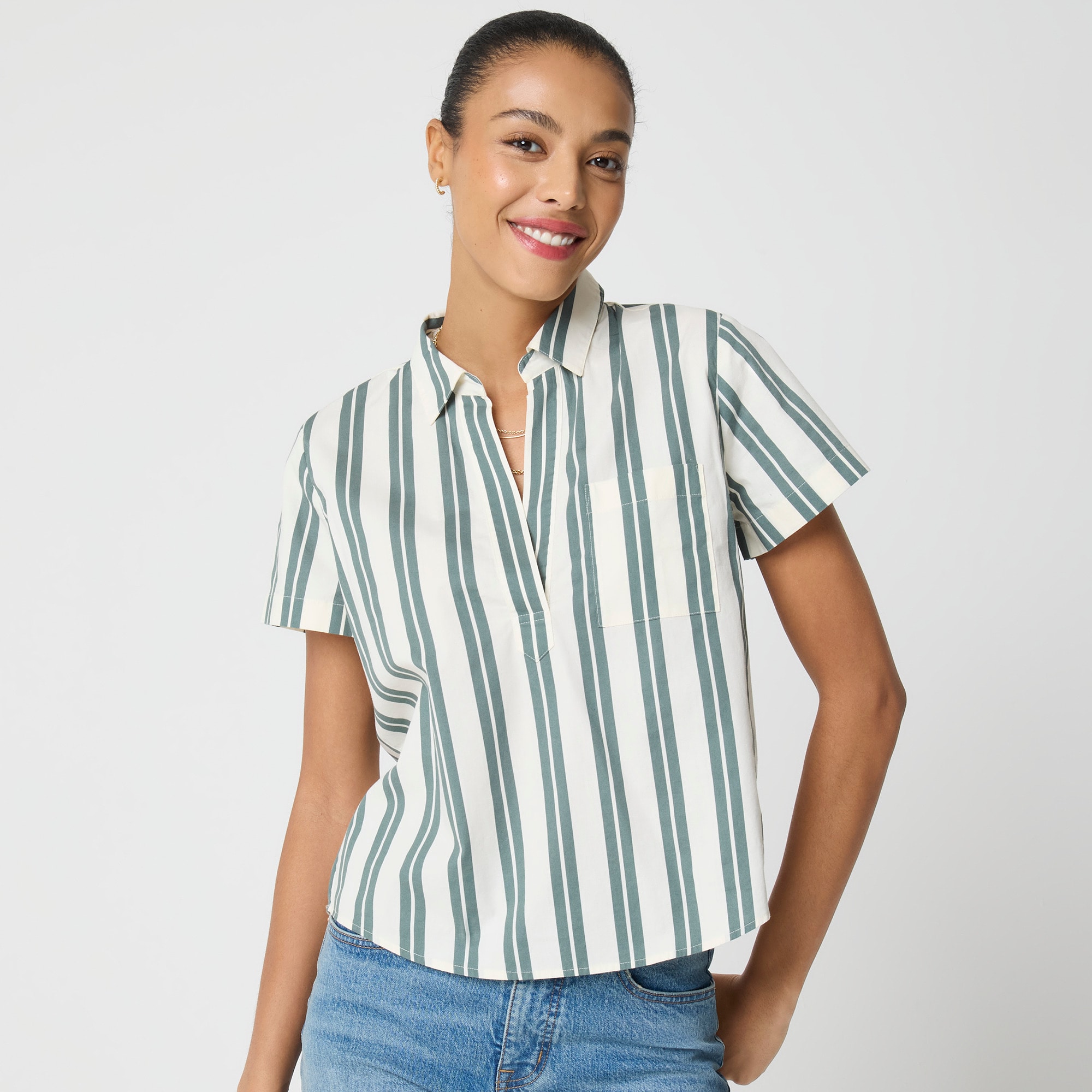  Striped short-sleeve poplin popover top
