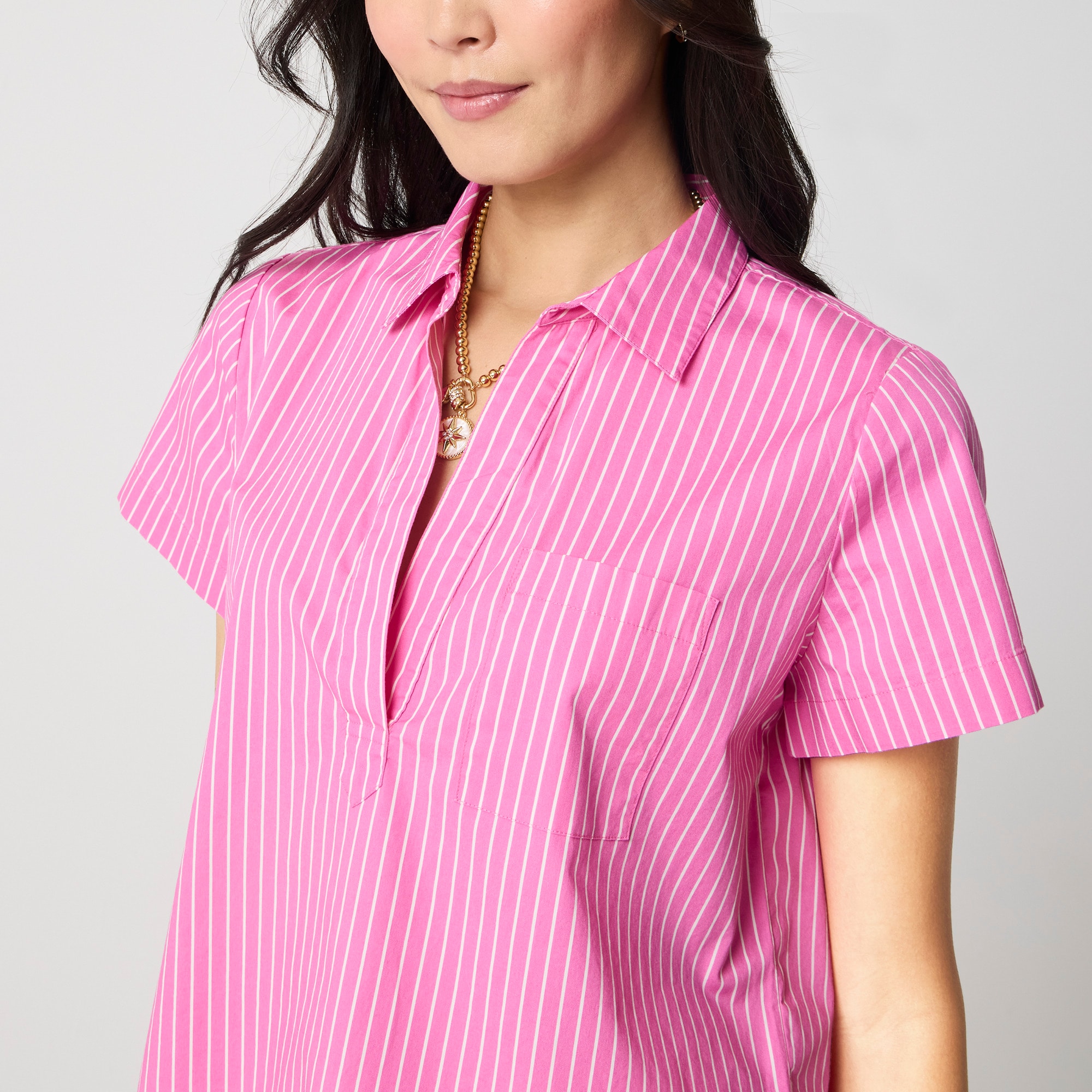 Striped short-sleeve poplin popover top
