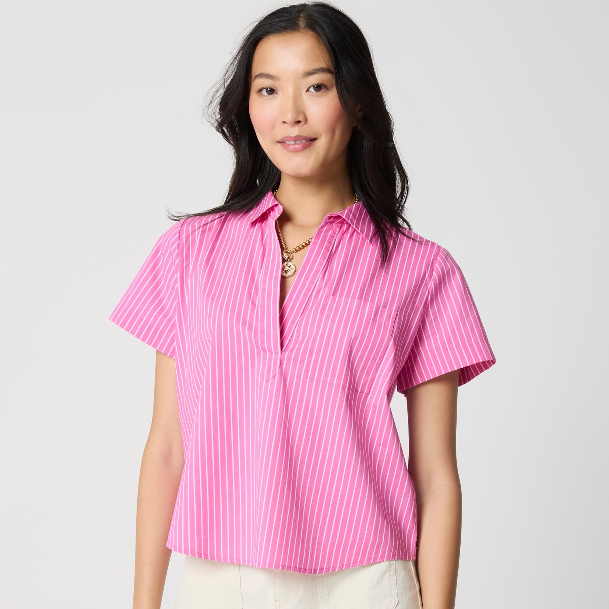  Striped short-sleeve poplin popover top