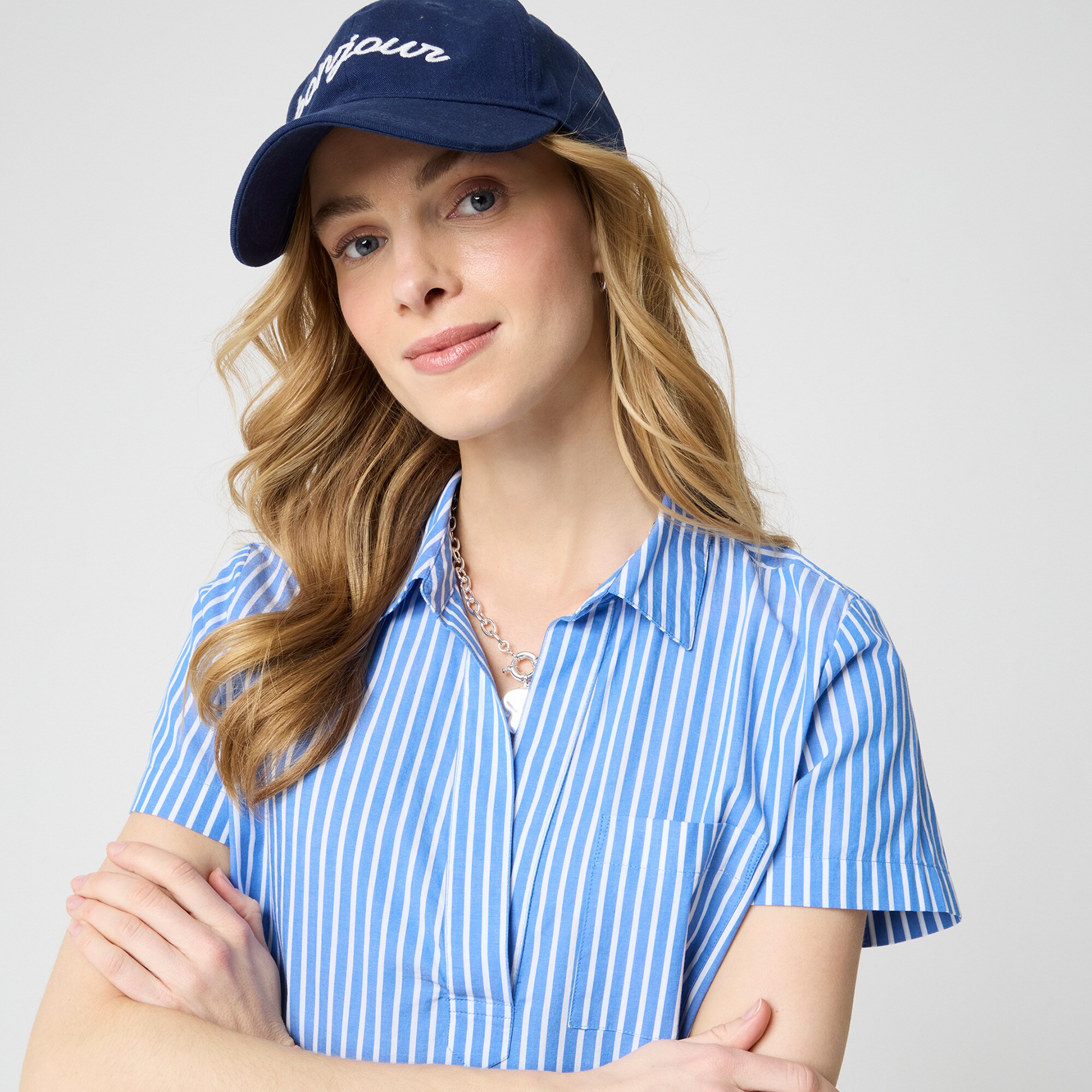 Striped short-sleeve poplin popover top