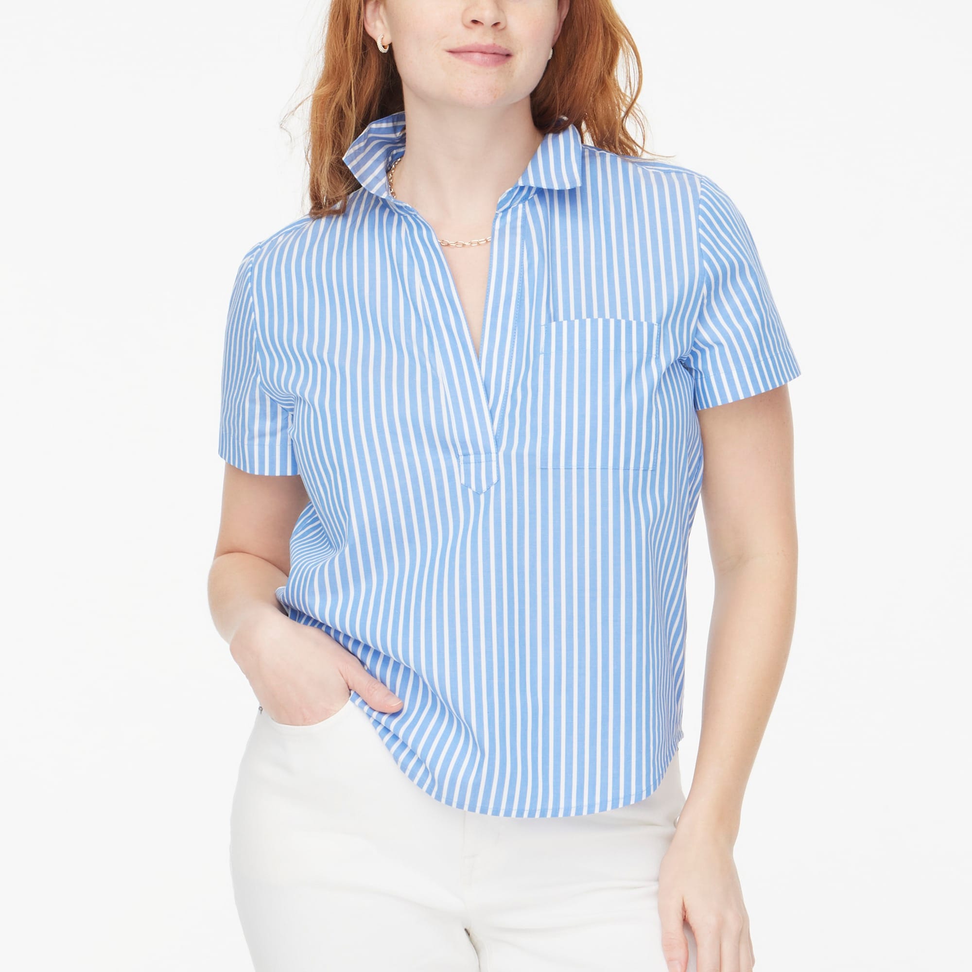 Striped short-sleeve poplin popover top