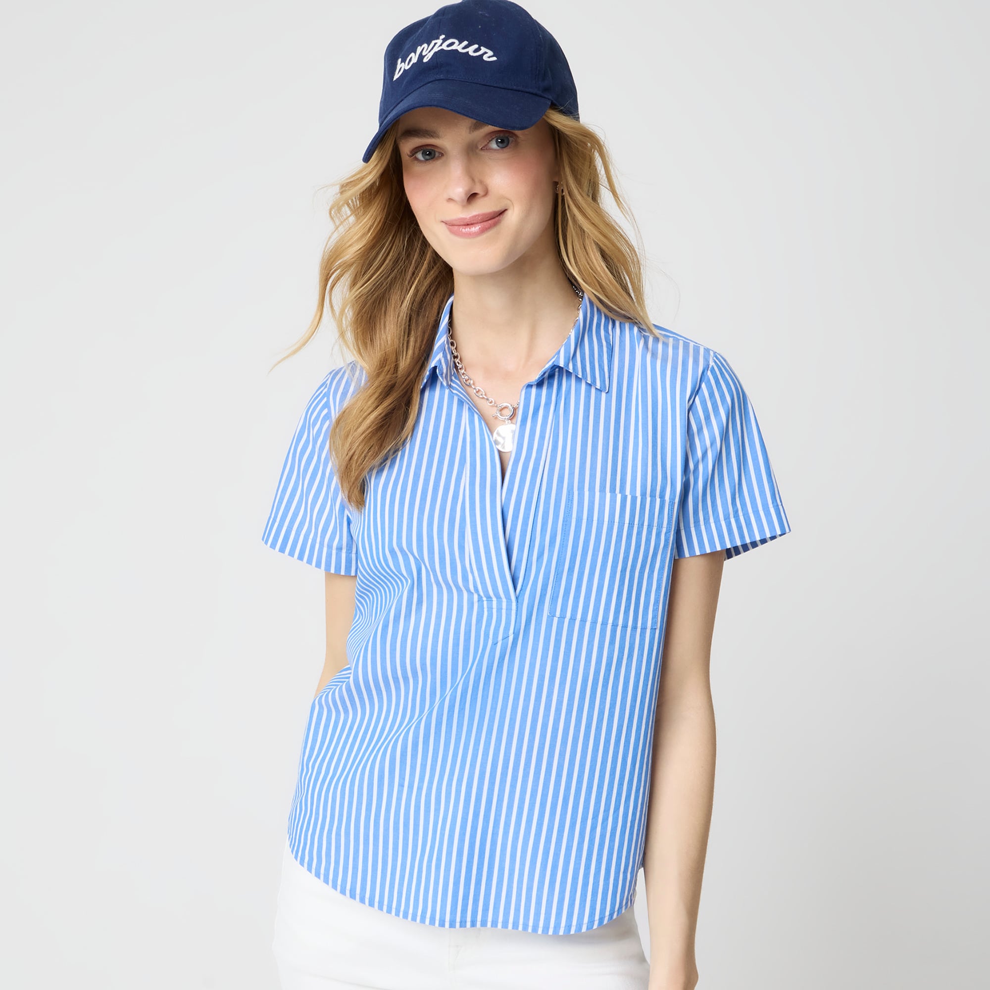 womens Striped short-sleeve poplin popover top